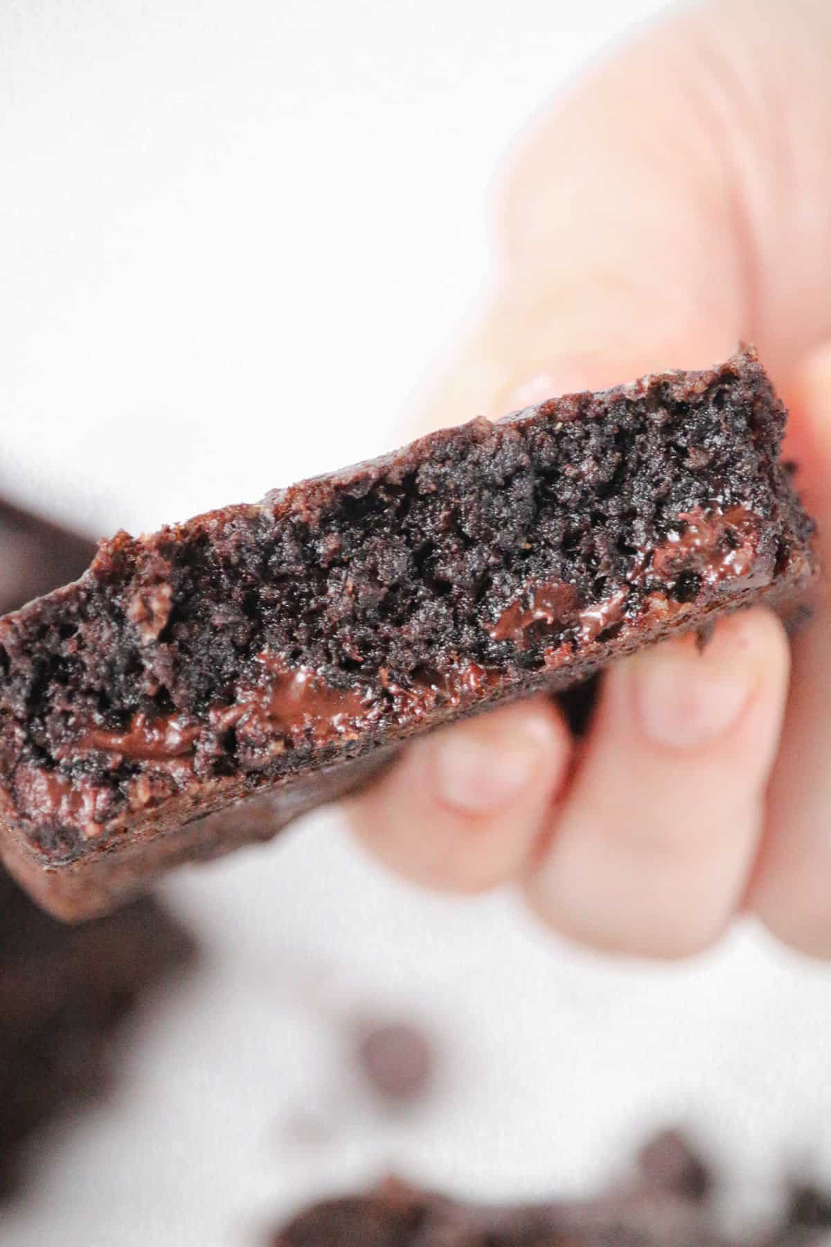 Close up shot of a hand holding up a keto brownie.
