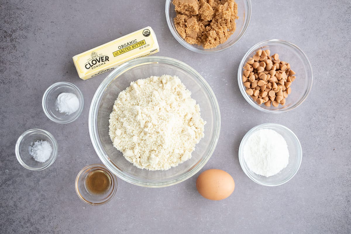 Top down image of ingredients for Keto Butterscotch Cookies.
