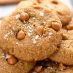 Titled Pinterest image of Keto Butterscotch Cookies piled on a white plate.