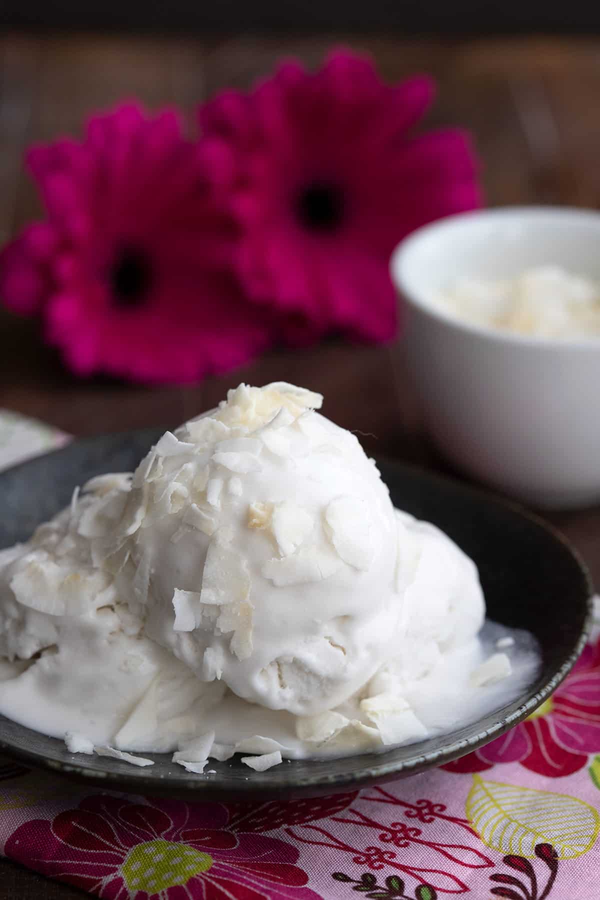 A small black bowl filled with sugar-free coconut sorbet.