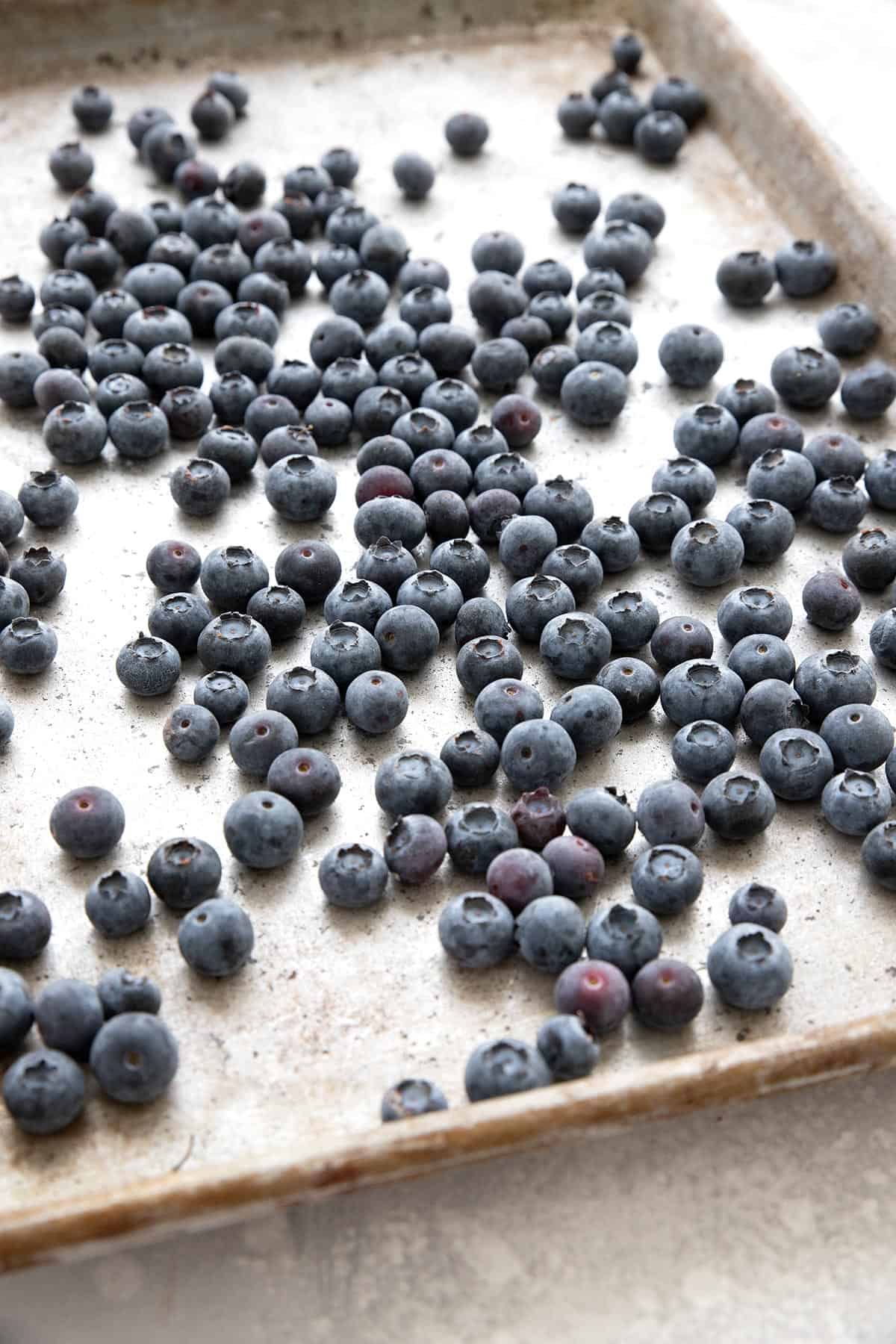 Frozen blueberries on a cookie sheet.