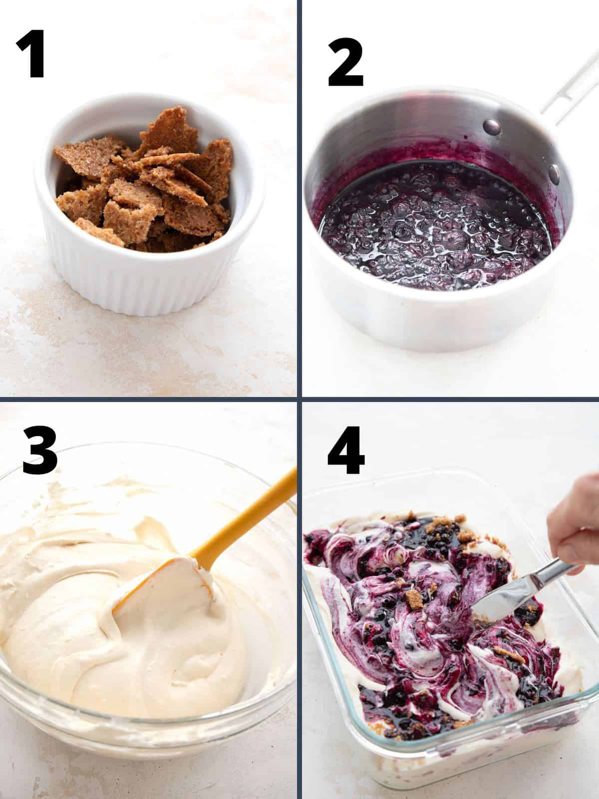 A collage of four images showing the steps for making Keto Blueberry Pie Ice Cream.