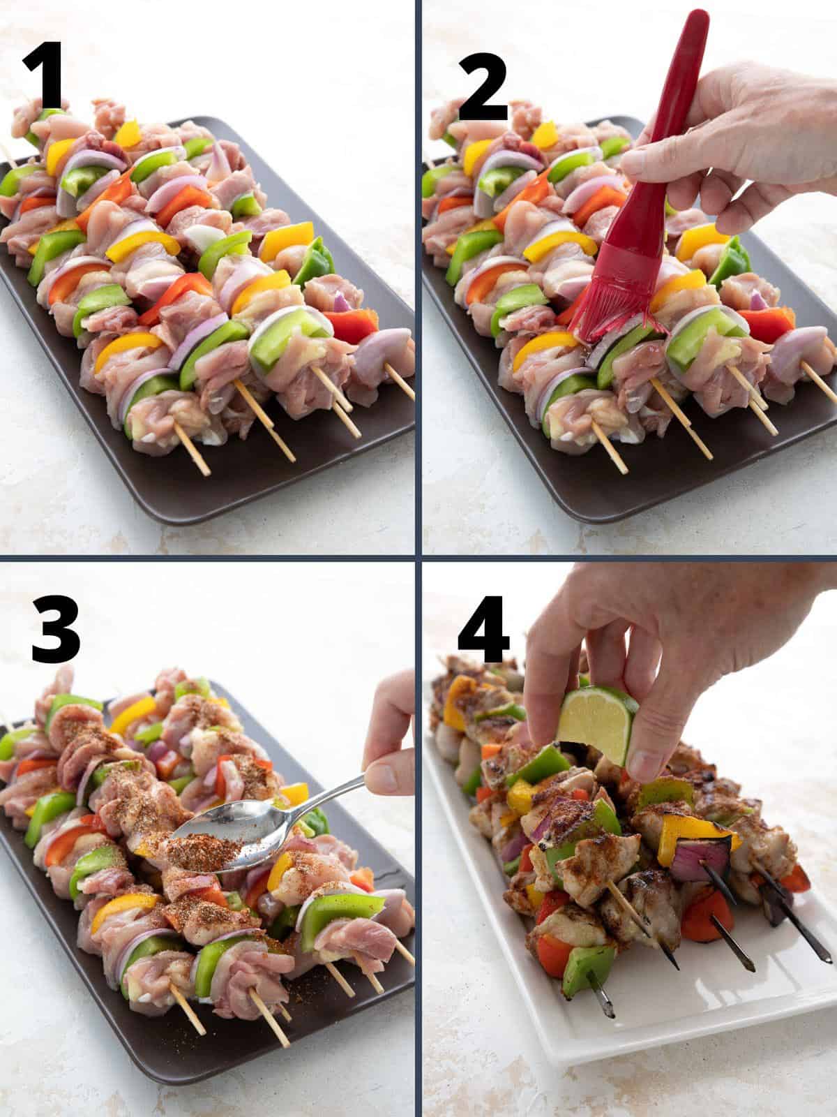 A collage of 4 images showing how to make keto chicken kebobs.