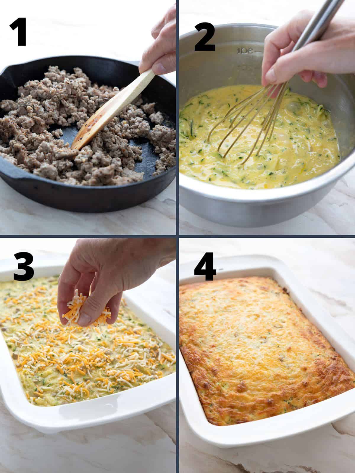 A collage of 4 images showing how to make Easy Keto Breakfast Casserole.