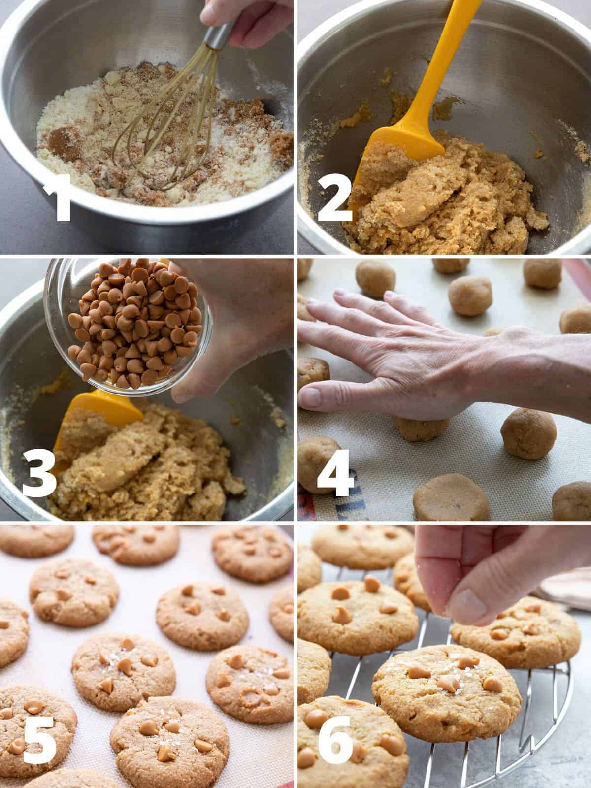 Six images showing the steps for making Keto Butterscotch Cookies.