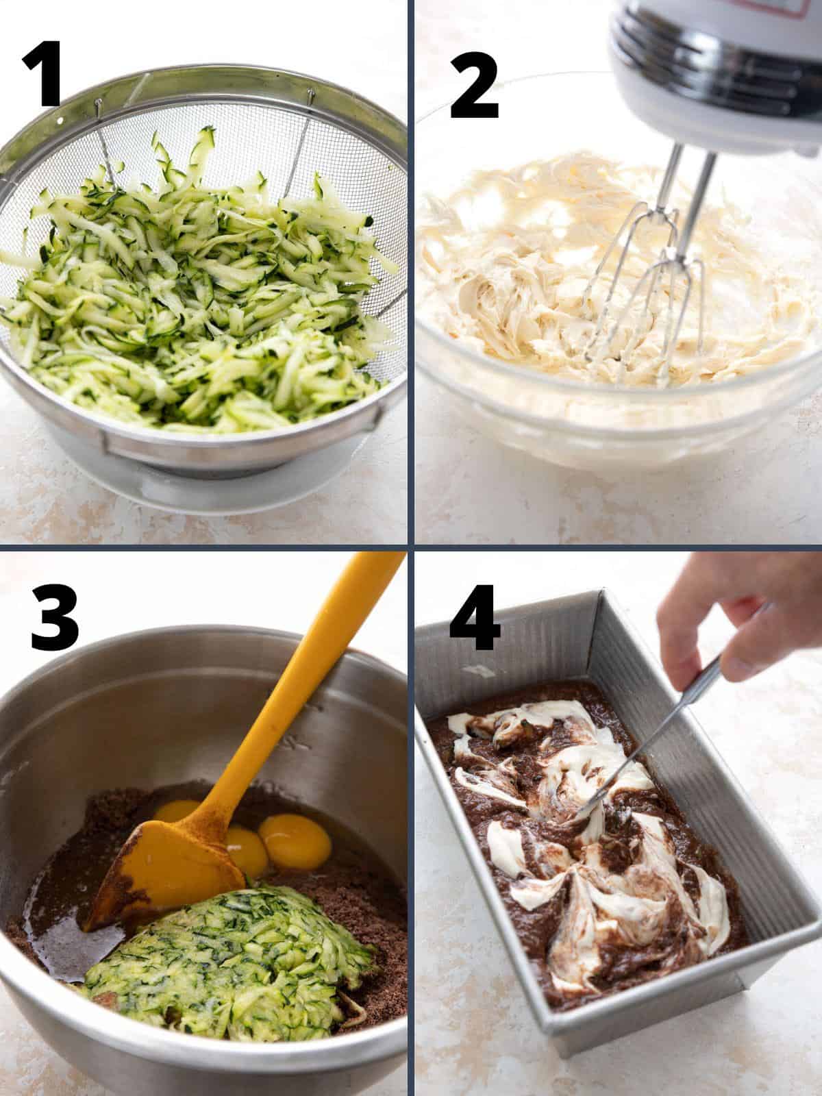 A collage of 4 images showing the steps for making Keto Chocolate Cream Cheese Zucchini Bread.