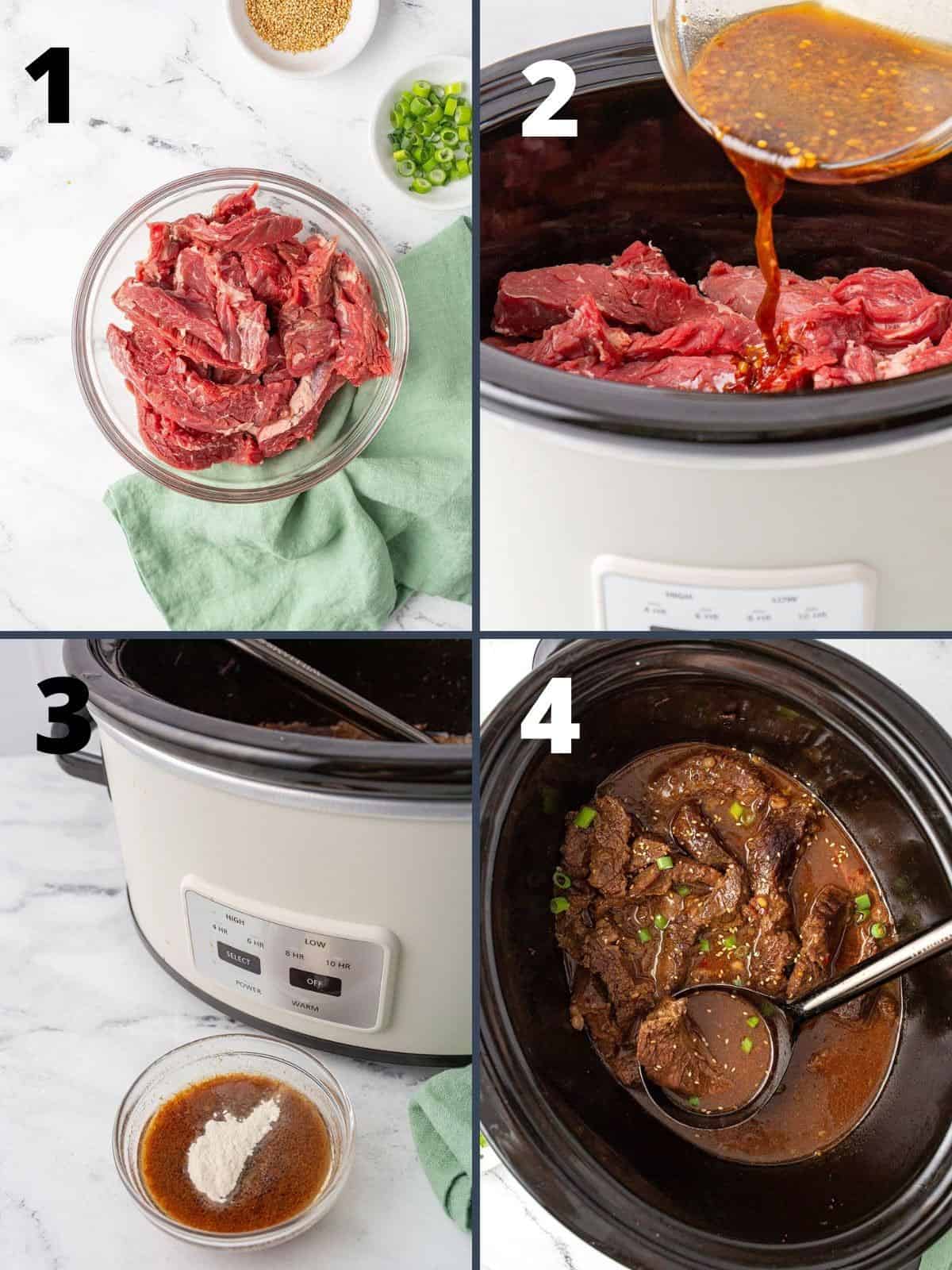 A collage of four images showing the steps for making Keto Mongolian Beef.