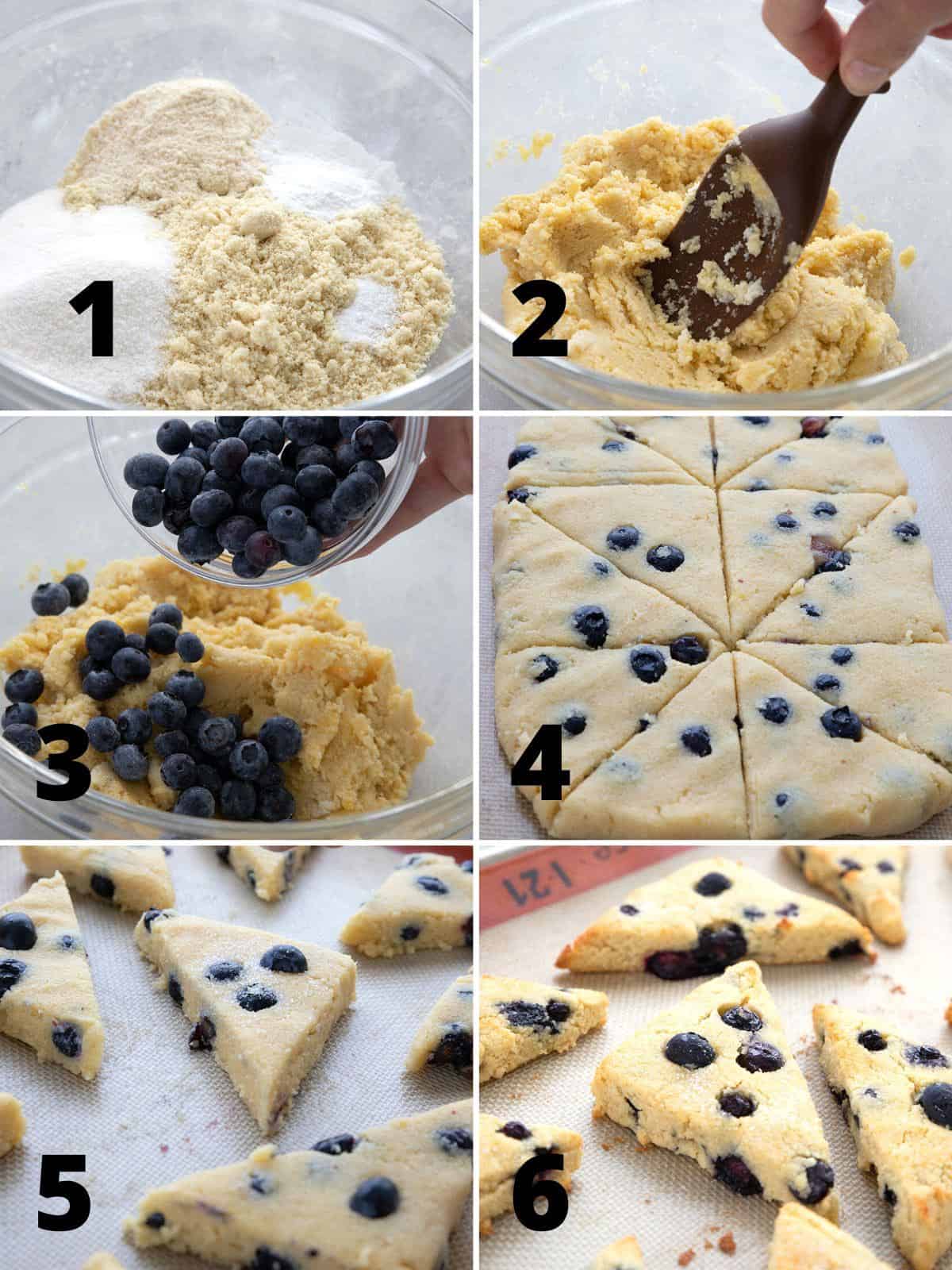 A collage of 6 images showing how to make keto scones.