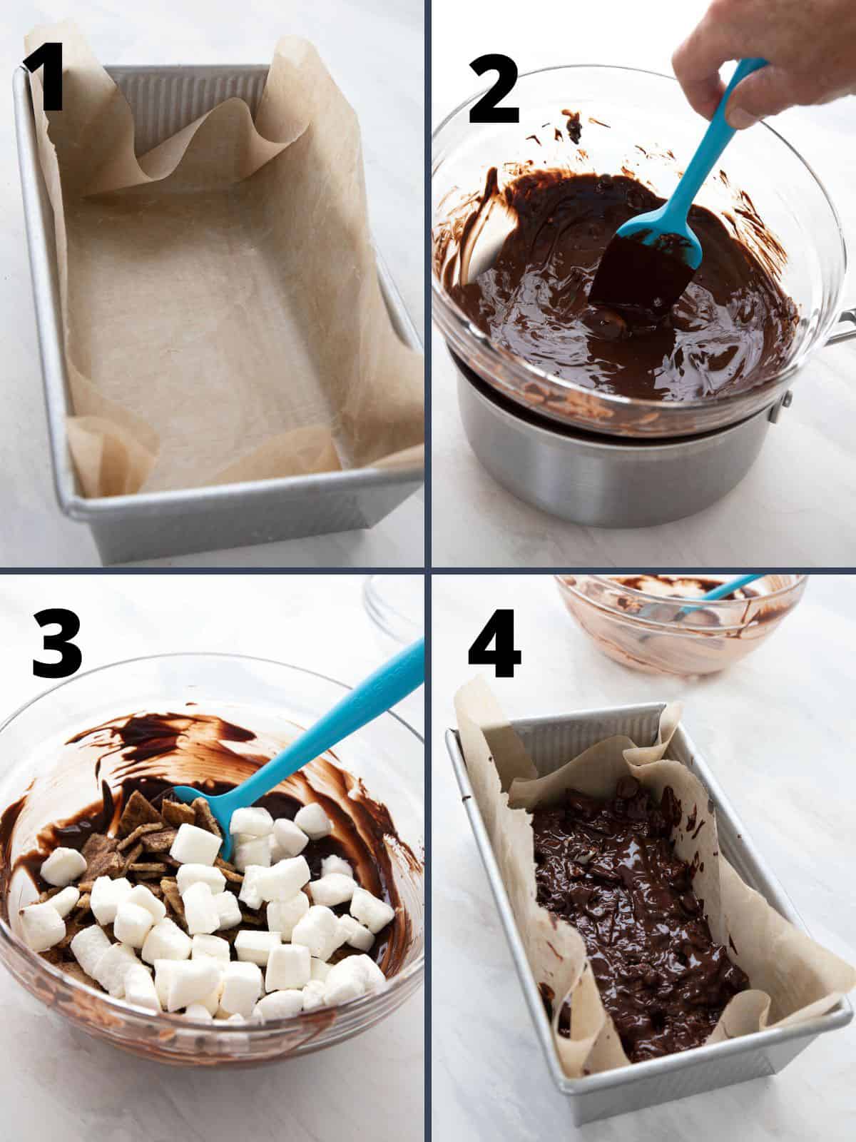 En collage av fire bilder som viser hvordan du lager en ketoblanding uten baking.