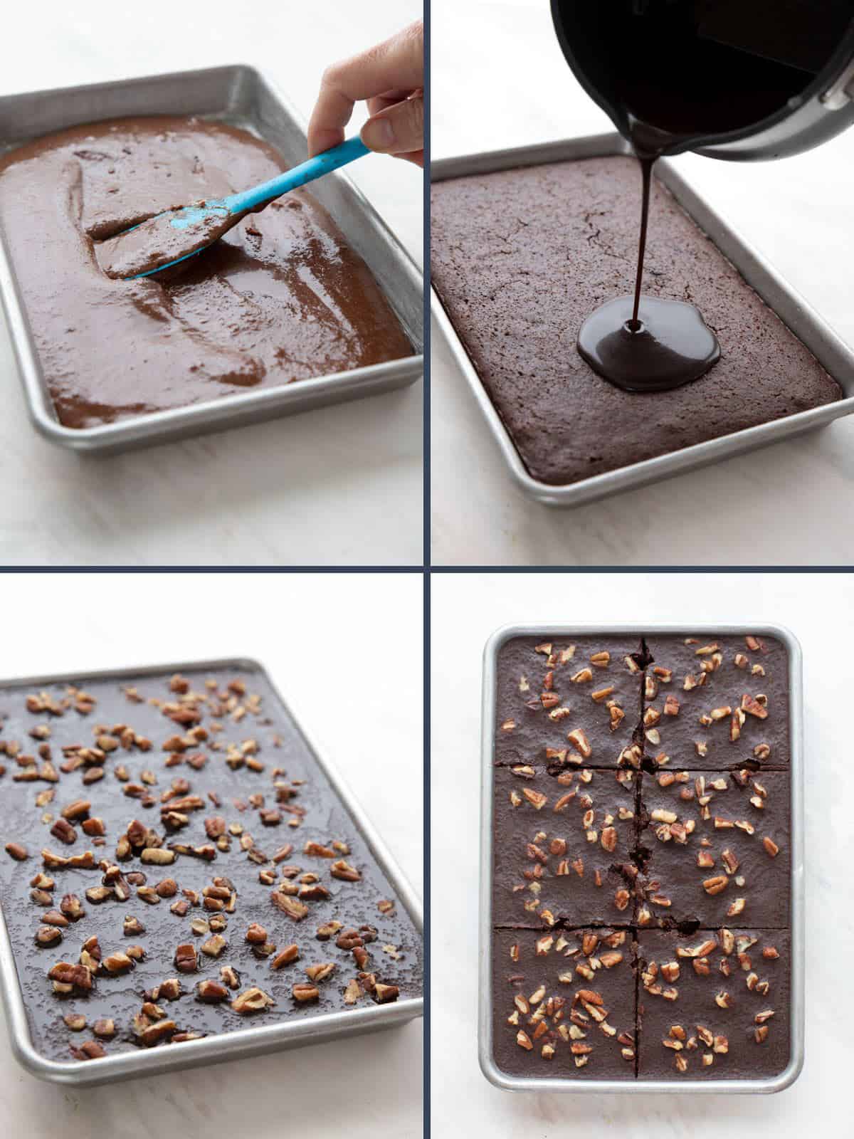 A collage of four images showing how to make Mini Keto Texas Sheet Cake.