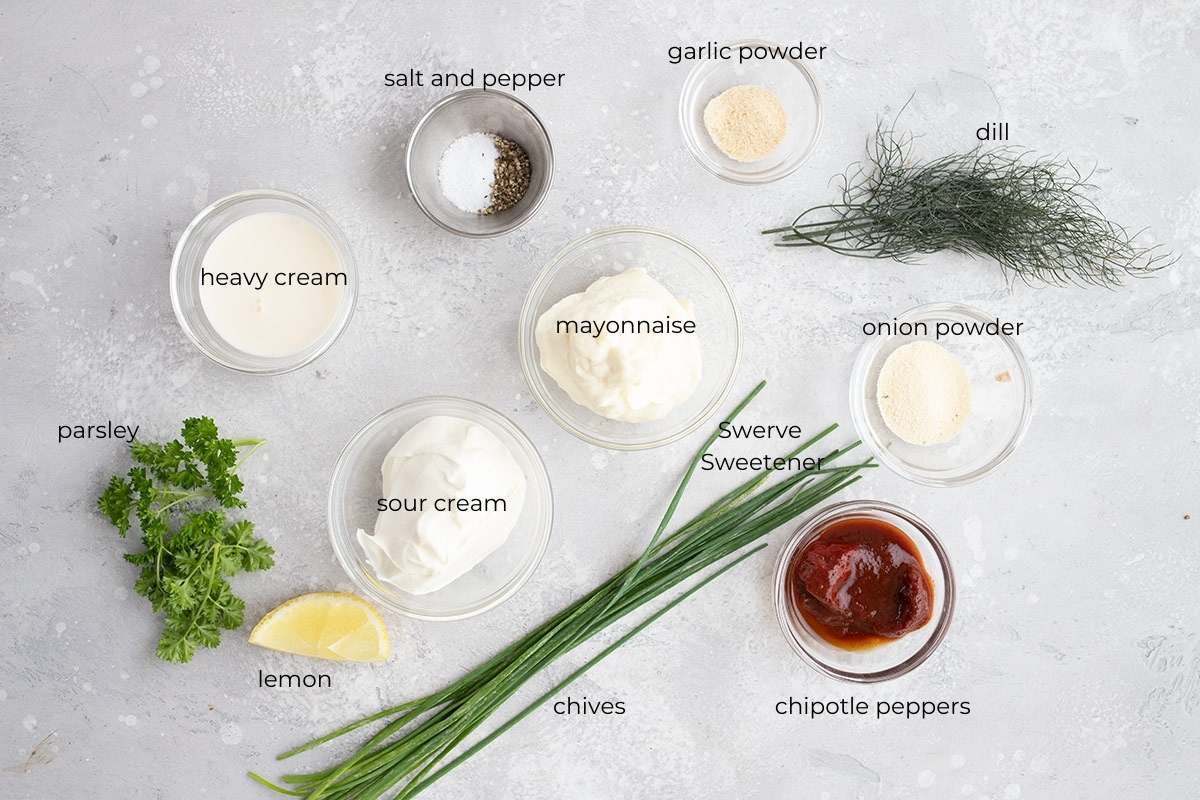Top down image of the labeled ingredients for chipotle ranch dressing.