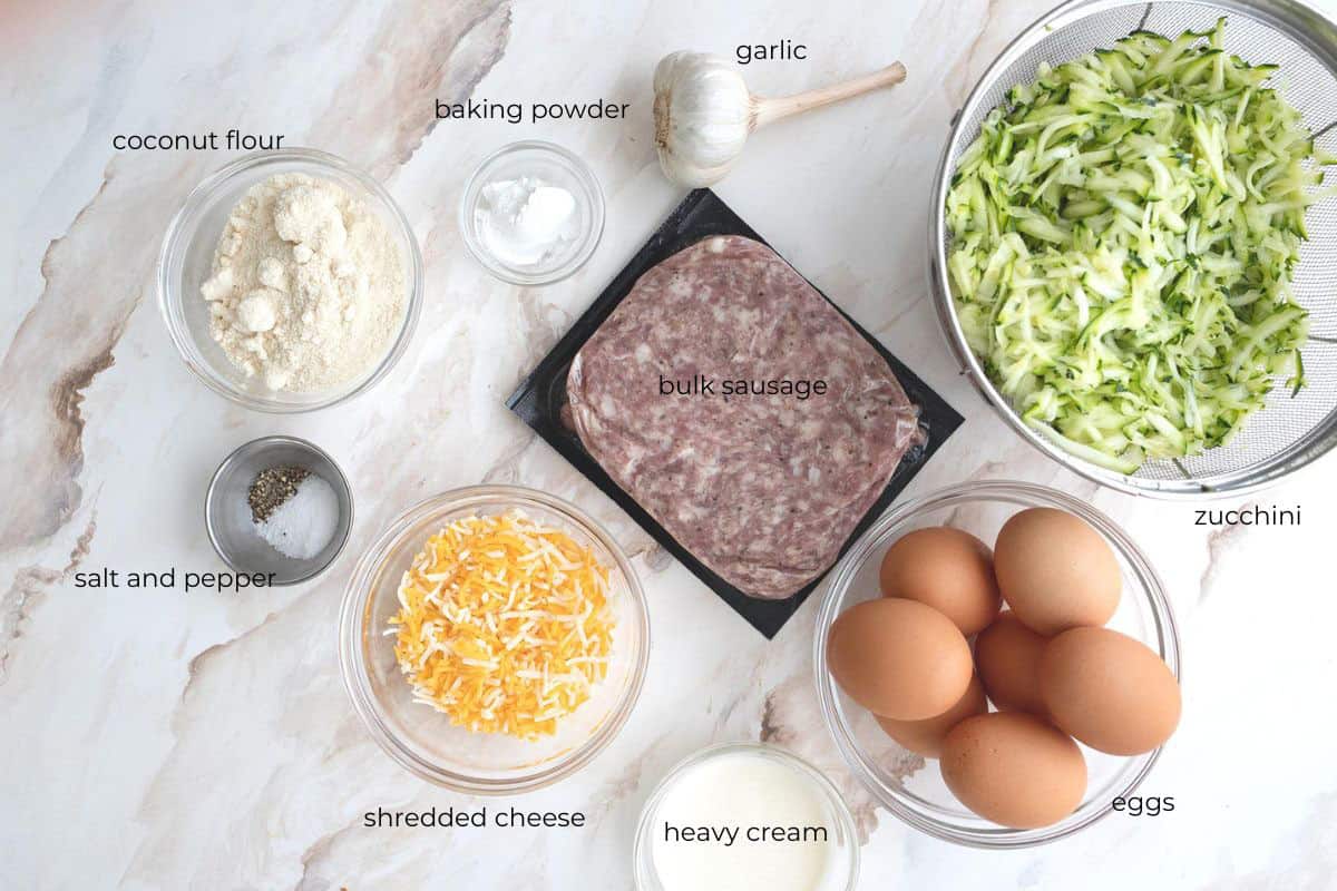 Top down image of the ingredients for Keto Breakfast Casserole.