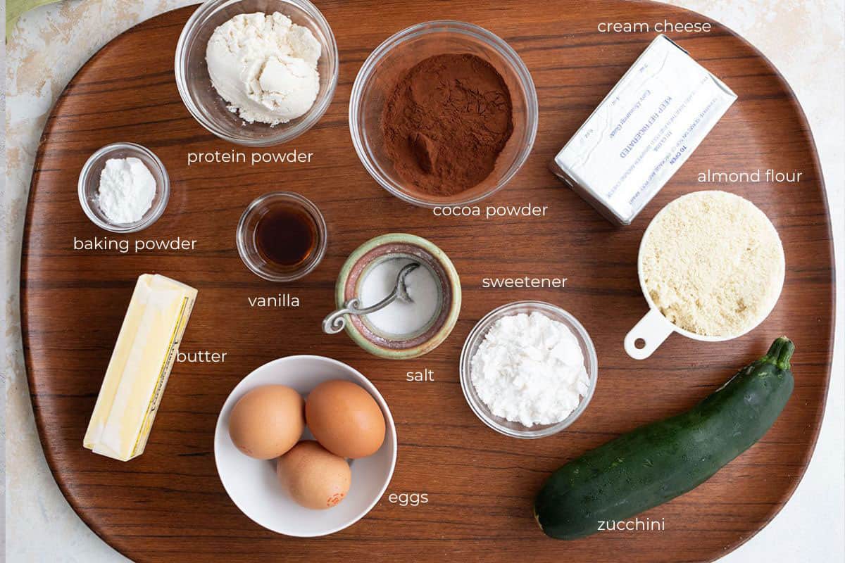 Top down image of ingredients for keto chocolate zucchini bread, with labels.