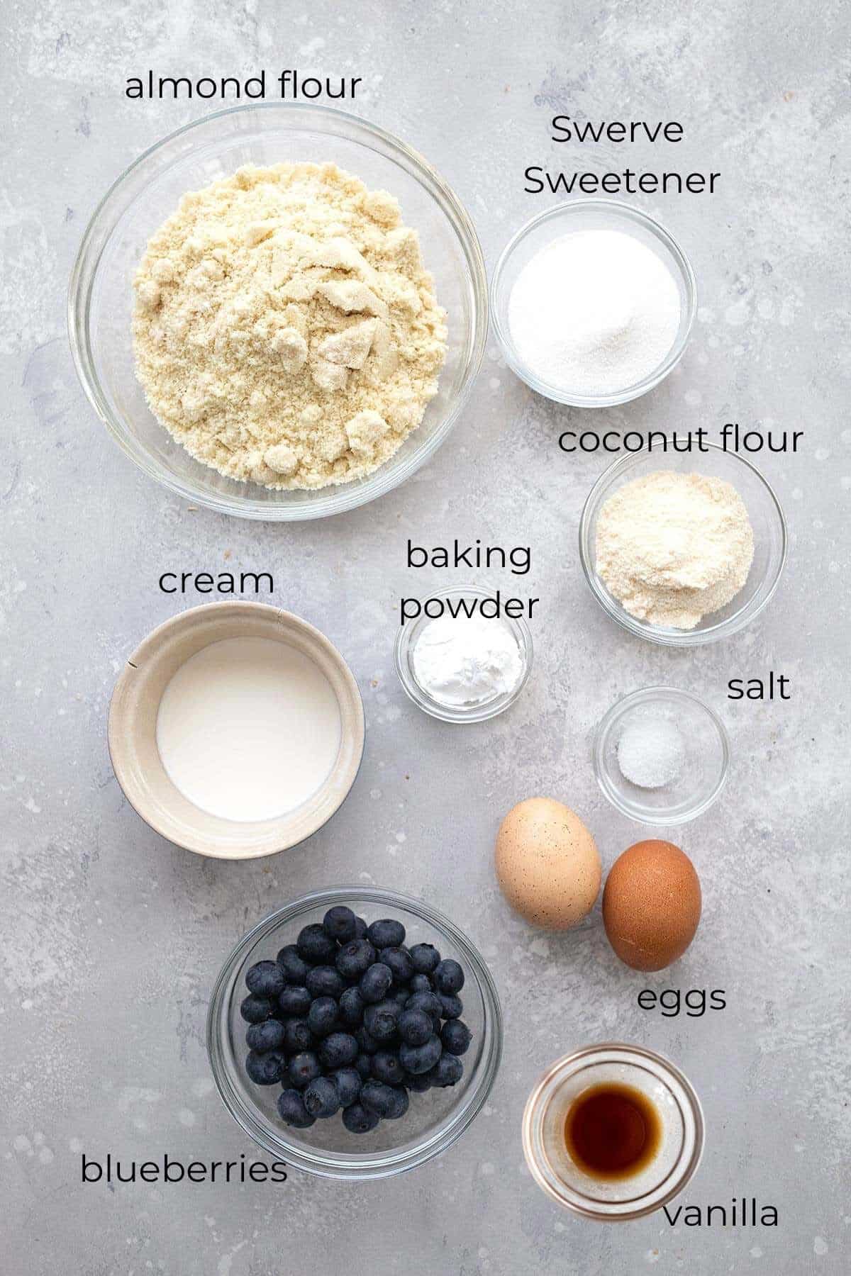 Top down image of the ingredients for blueberry keto scones.