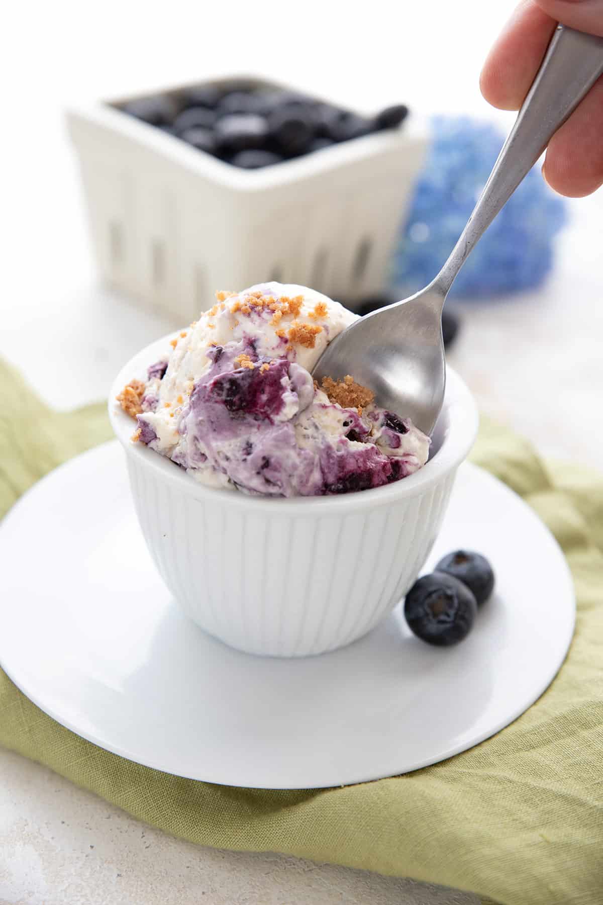 A spoon digging into some keto blueberry ice cream in a white dish.