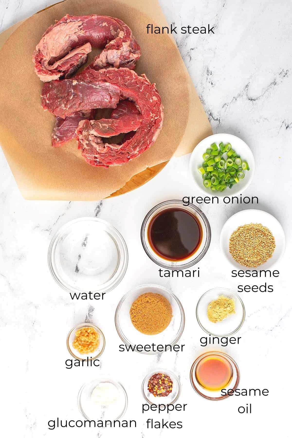 Top down image of the ingredients all laid out for Keto Mongolian Beef.