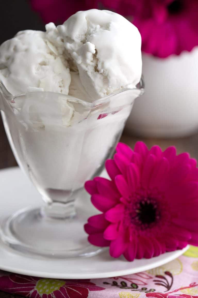 Keto Coconut Sorbet in a glass ice cream dish with pink a pink Gerbera daisy beside it.