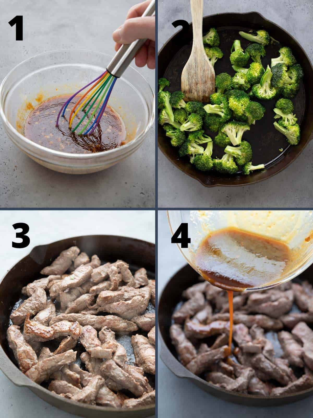 En collage av fire bilder som viser trinnene for å tilberede keto-biff og brokkoli. 