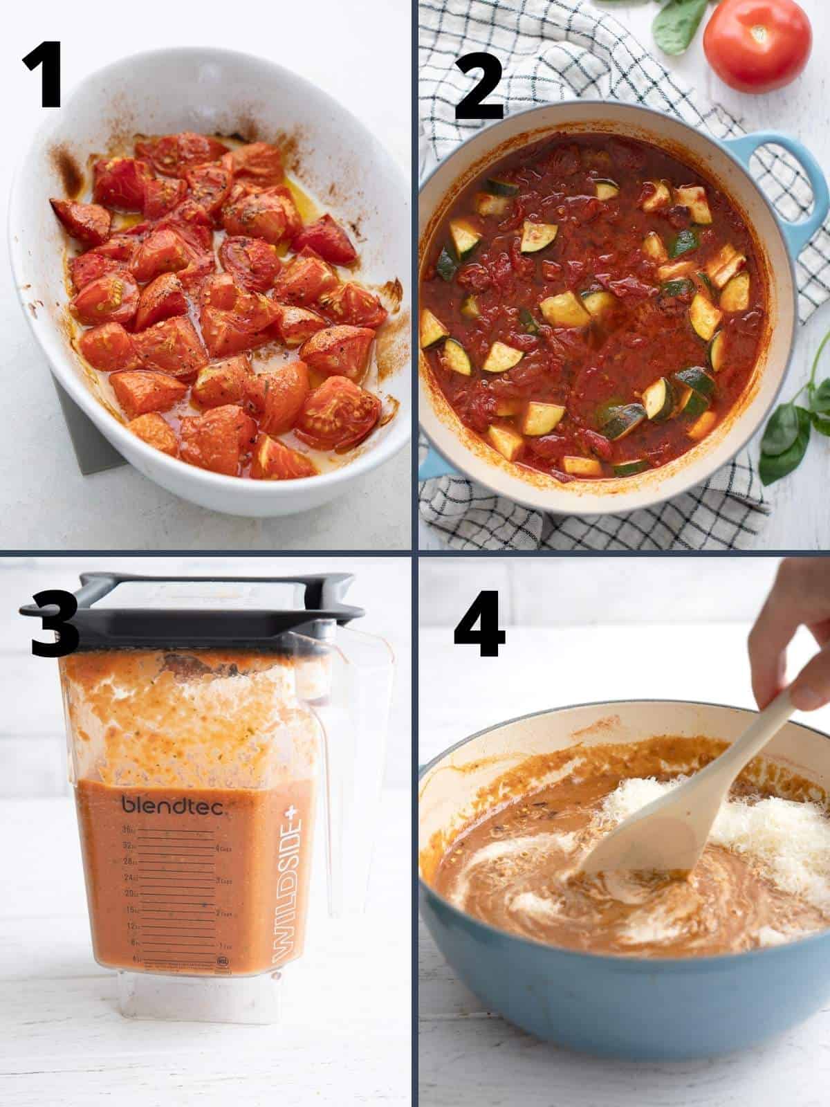 En collage av 4 bilder som viser trinnene for å lage Keto tomatsuppe. 