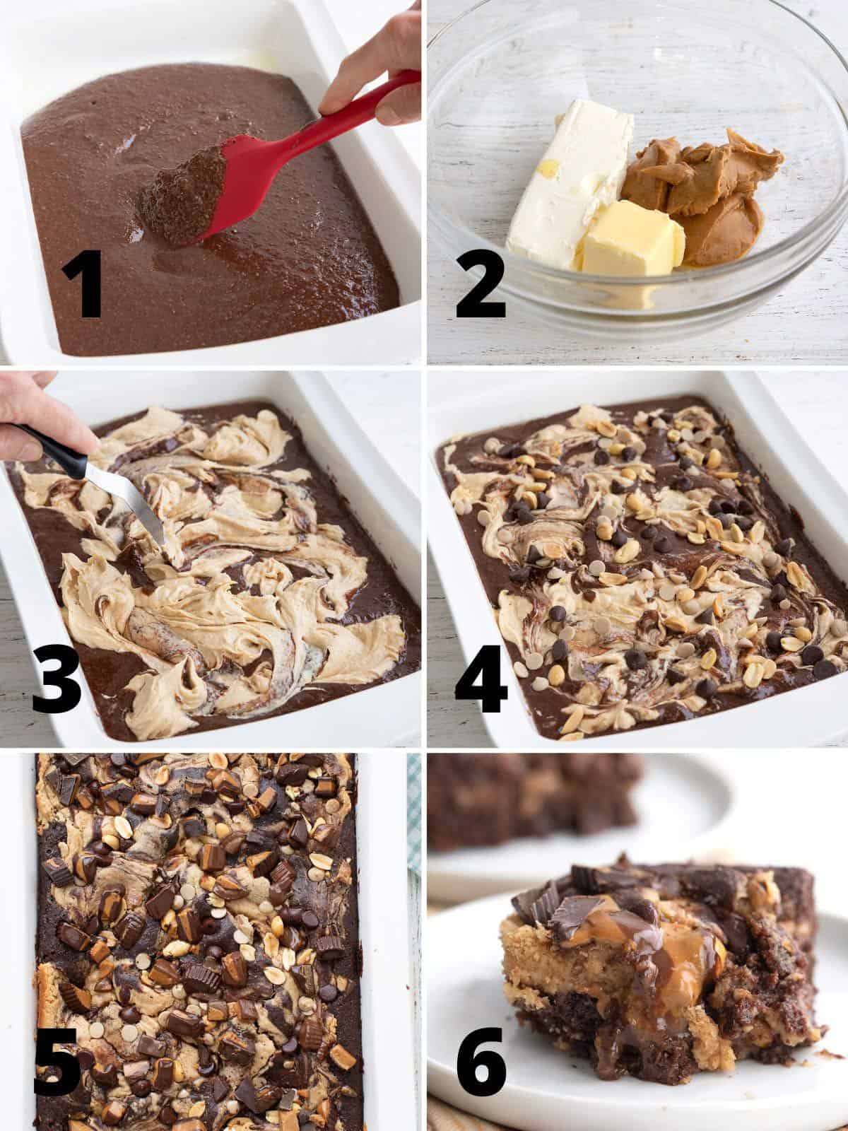 6 images showing the steps for making keto peanut butter earthquake cake.