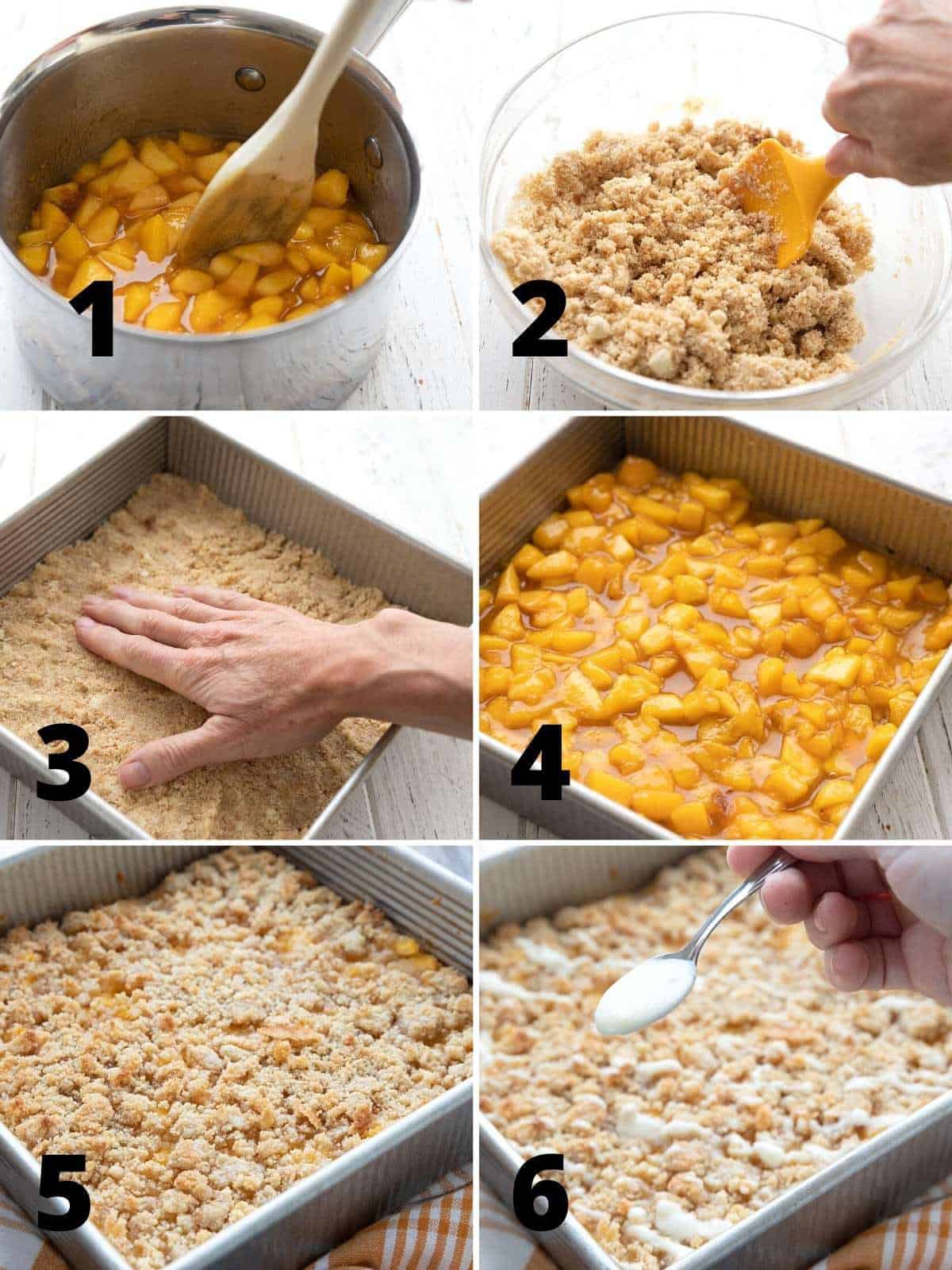 A collage of six photos showing how to make Keto Peach Cobbler Bars