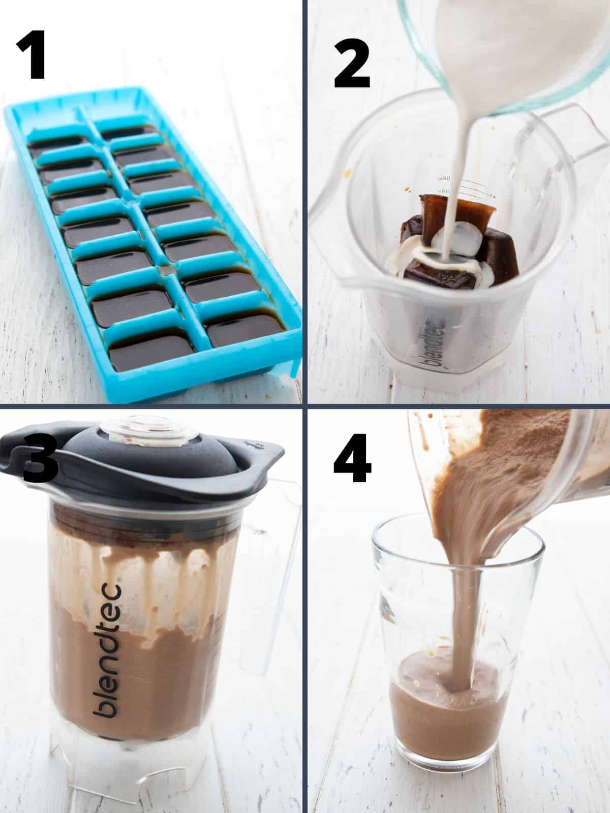 En collage av fire bilder som viser hvordan man lager kaffeproteinshakes. 