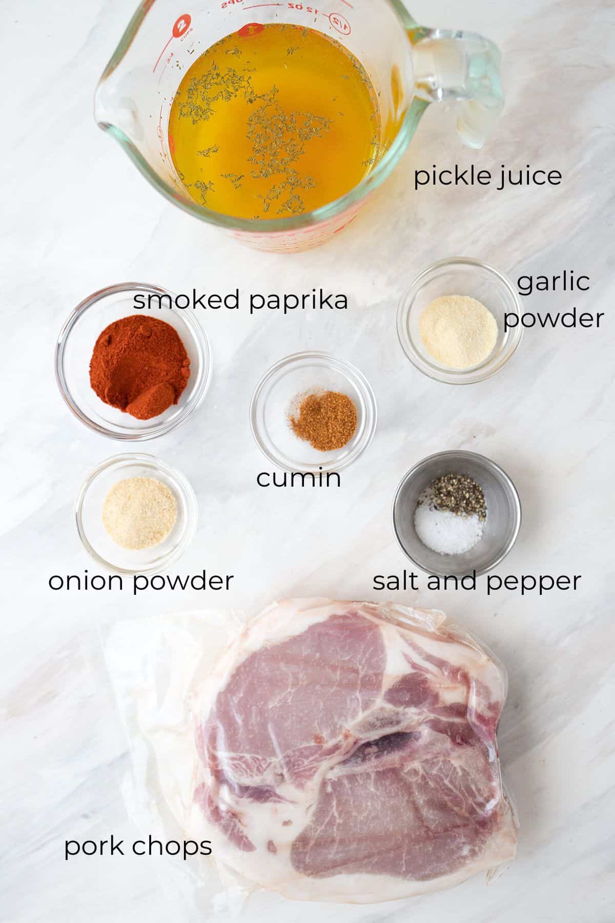 Top down image of labeled ingredients for grilled pork chops