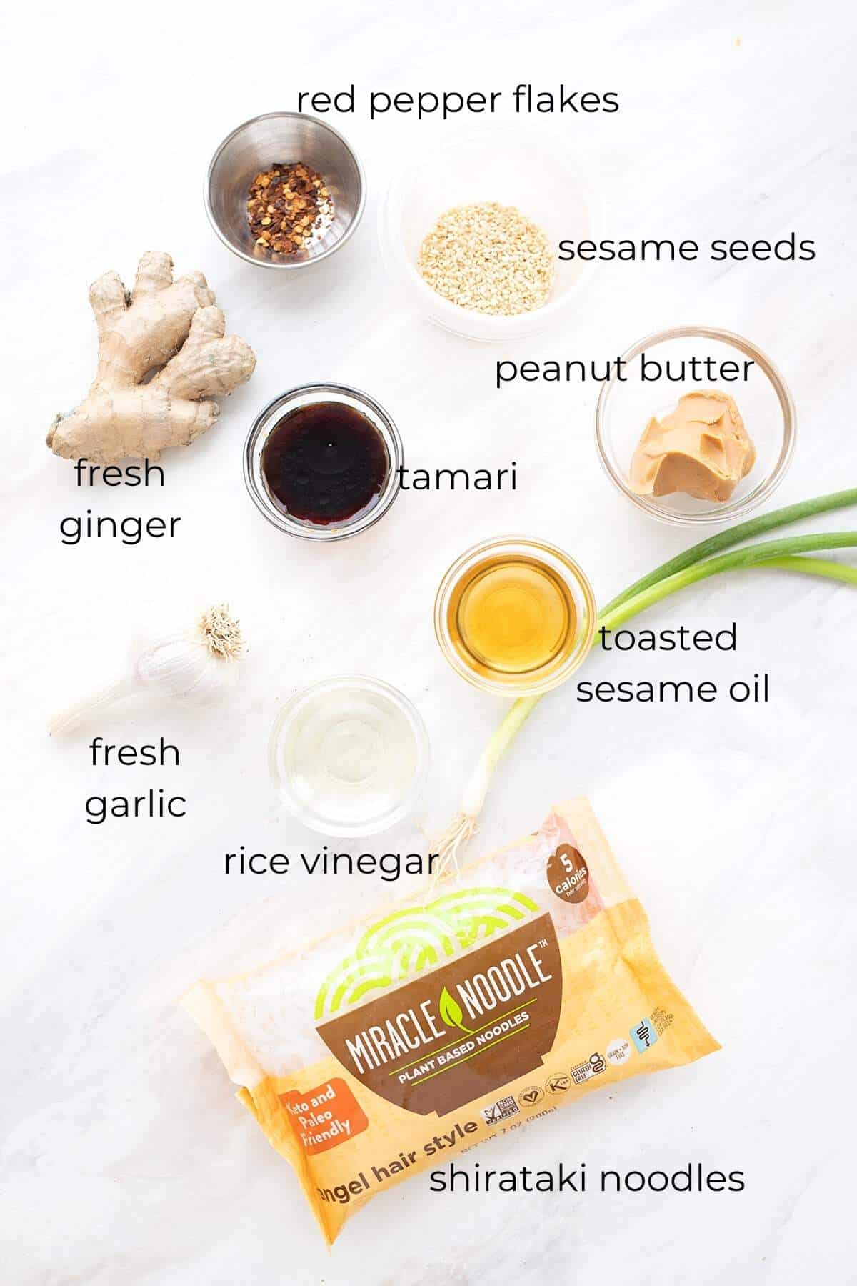 Top down image of the ingredients needed for keto sesame noodles.