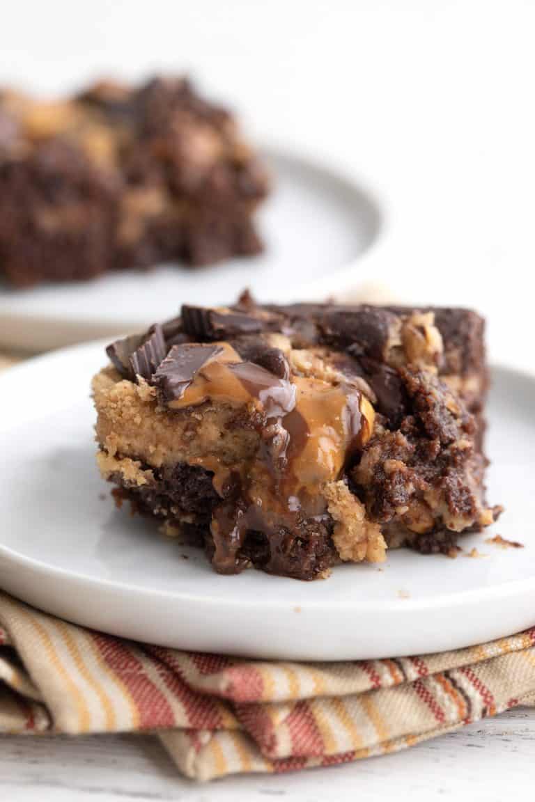 Close up shot of a slice of Keto Peanut Butter Earthquake Cake.