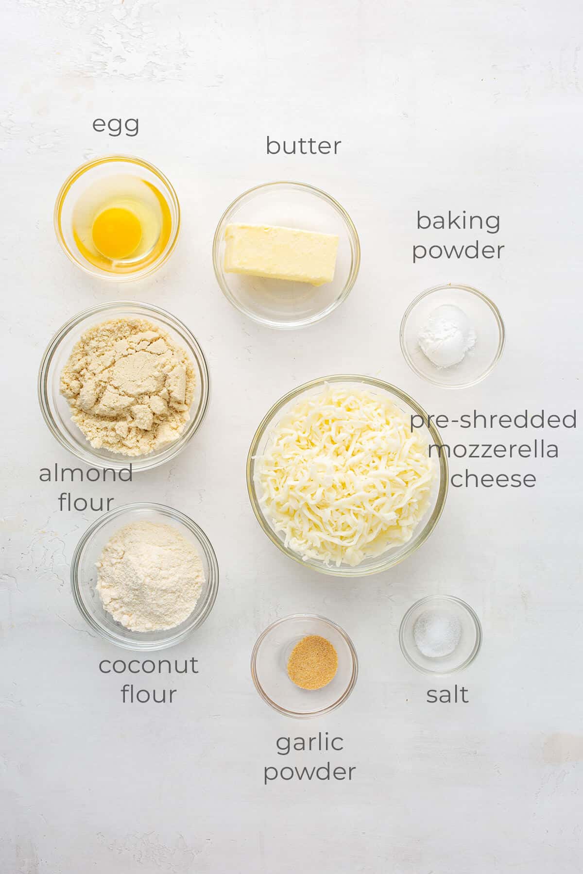 Ingredients labeled and needed to make keto pizza crust