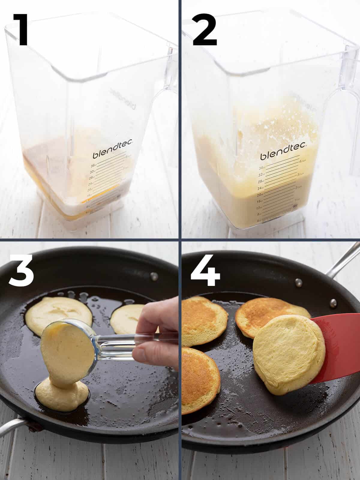 A collage of four images showing how to make keto pancakes with almond flour