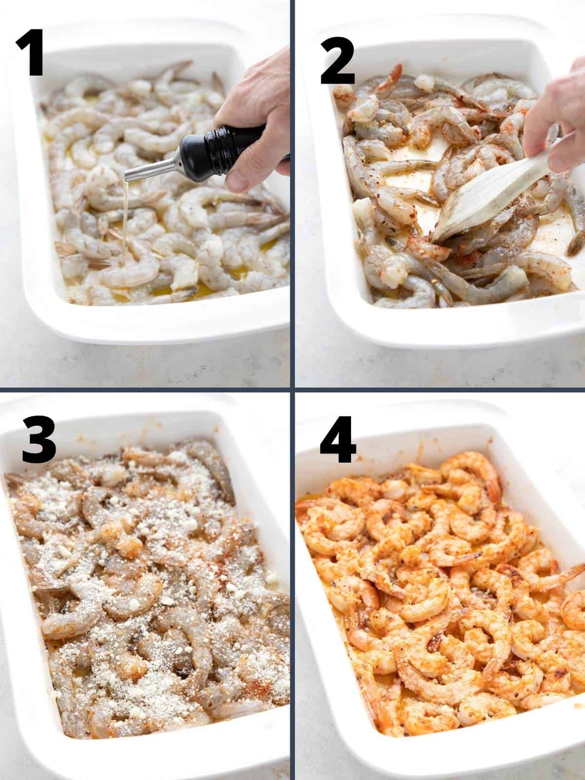 A collage of four images showing the steps for making Baked Shrimp.