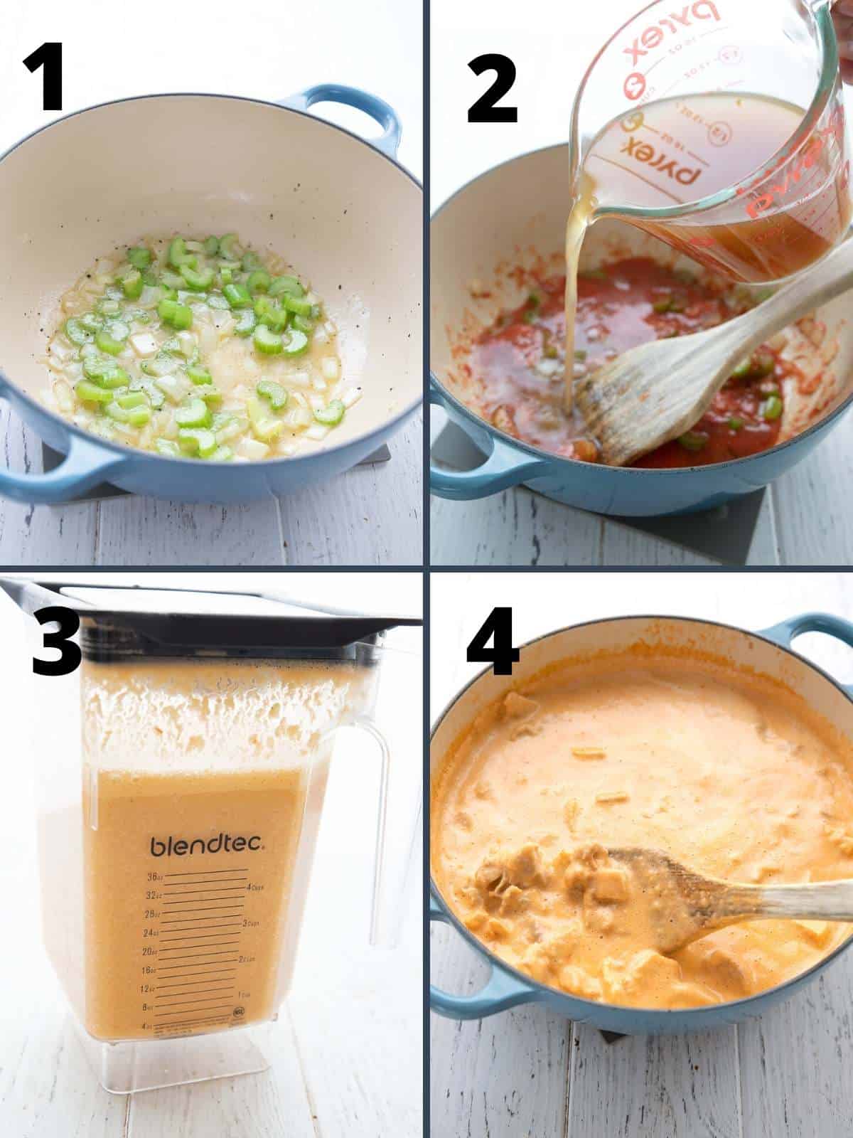 A collage of four images showing the steps for making Buffalo Chicken Soup.