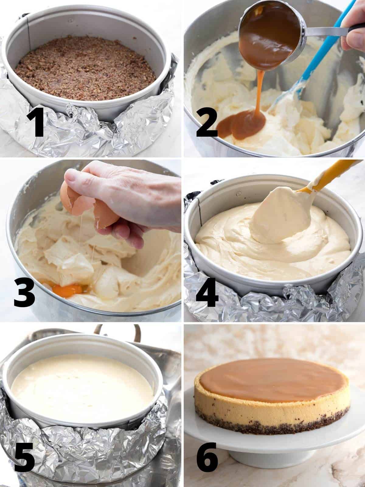 A collage of 6 images showing how to make Dulce de Leche Cheesecake.