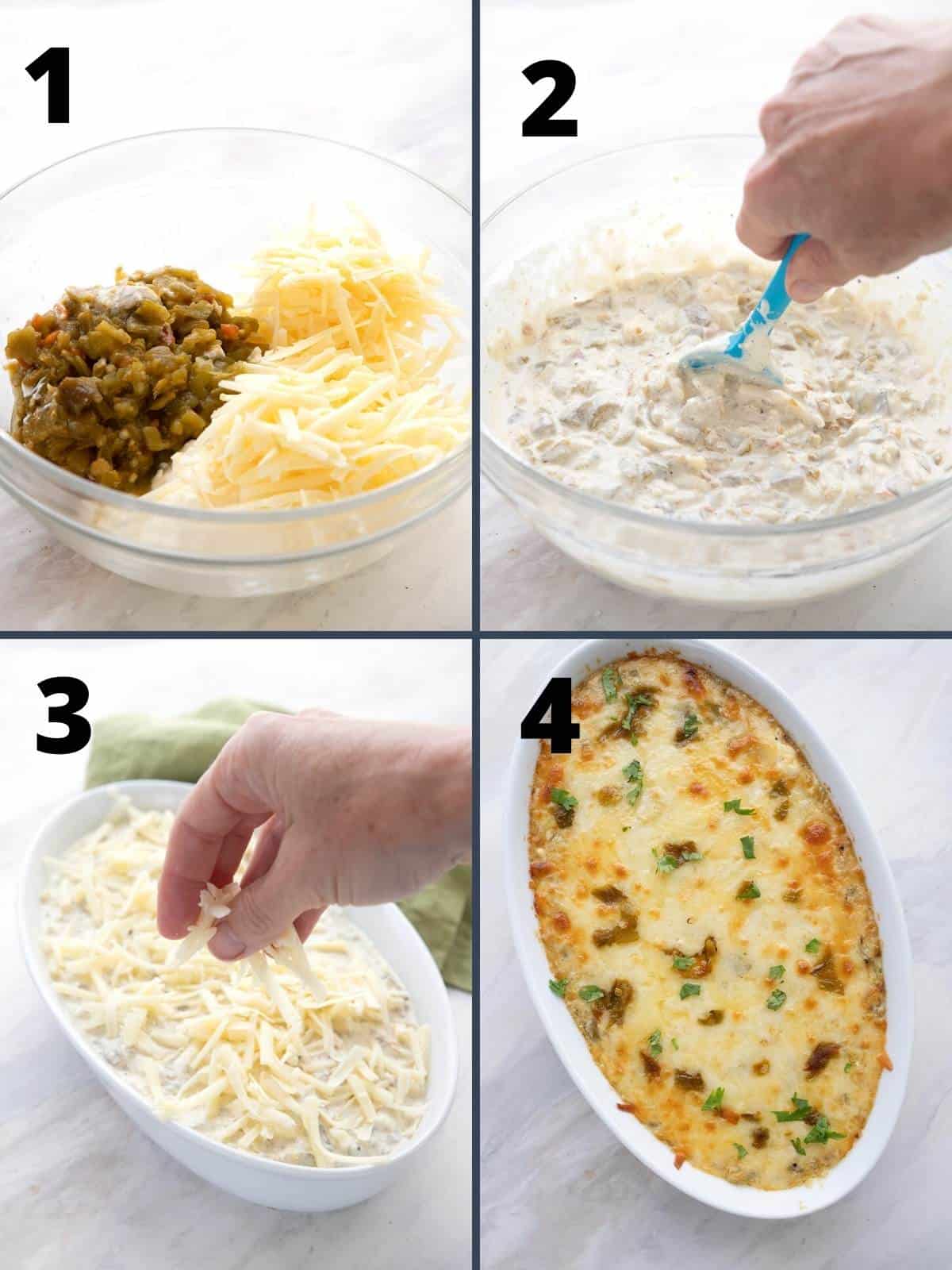 A collage of four images showing how to make Green Chili Dip.