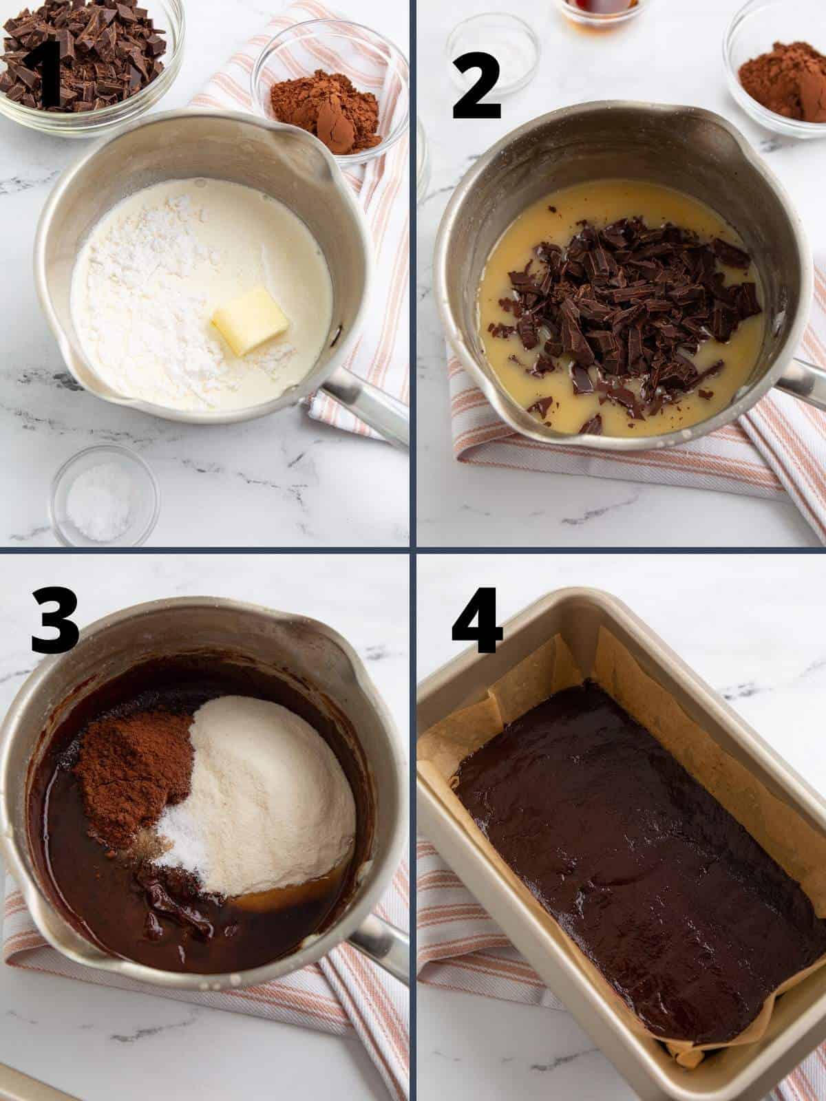 A collage of 4 images showing the steps for making keto fudge.