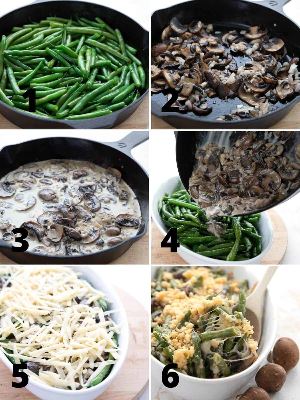 A collage of 6 images showing the steps for making Keto Green Bean Casserole