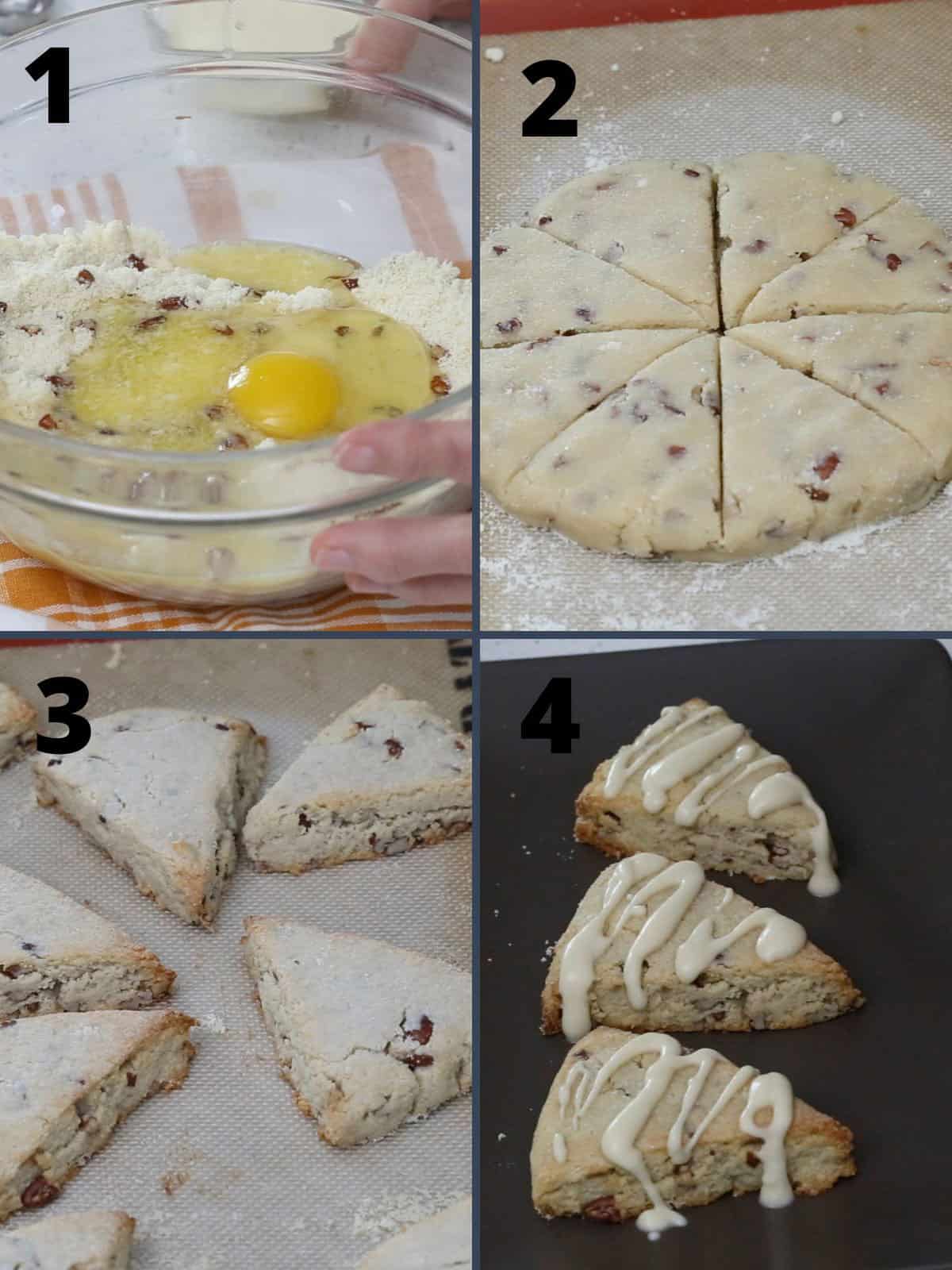 A collage of 4 images showing the steps for making Maple Pecan Scones.