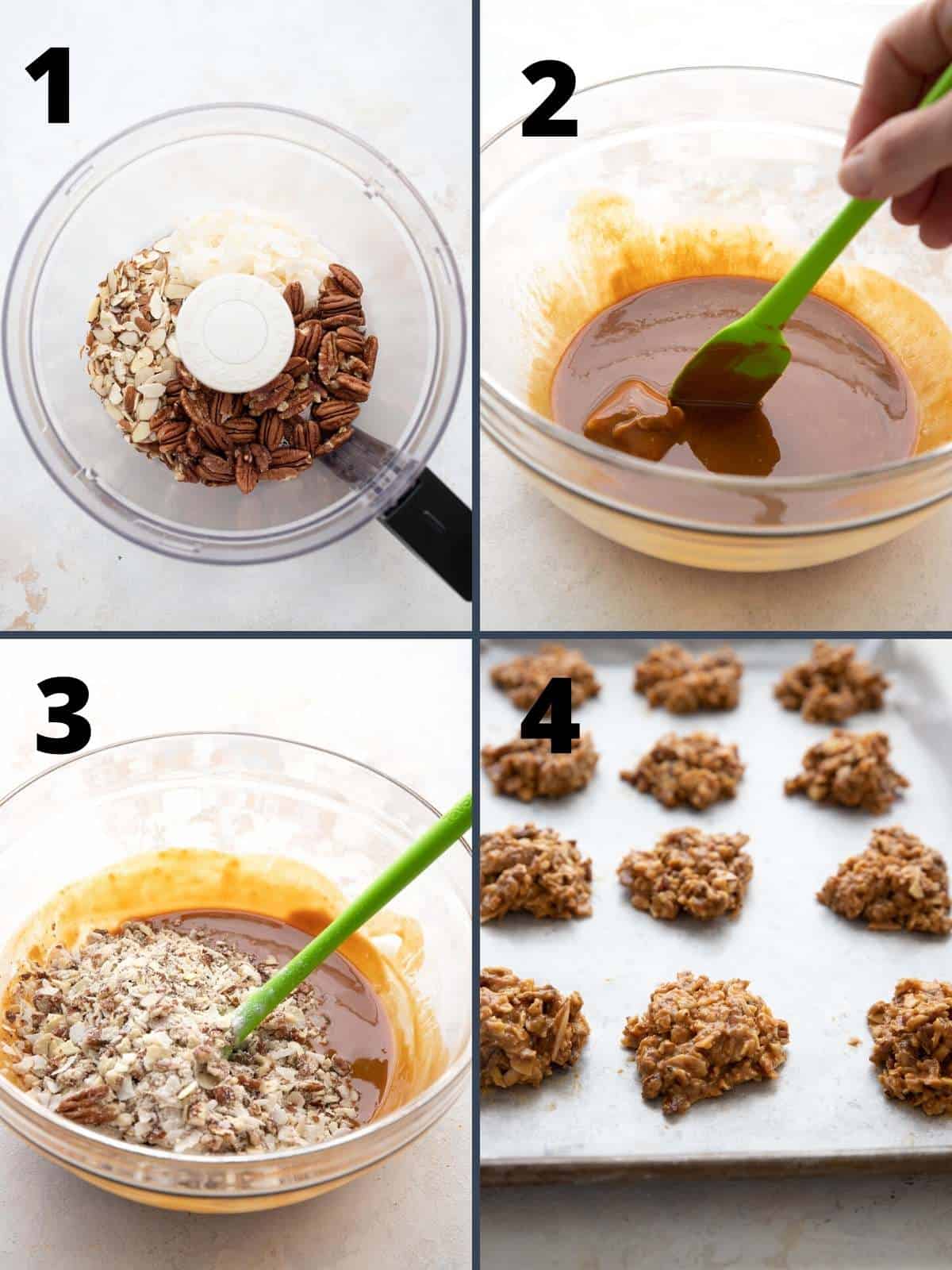A collage of four images showing how to make Keto No Bake Cookies.