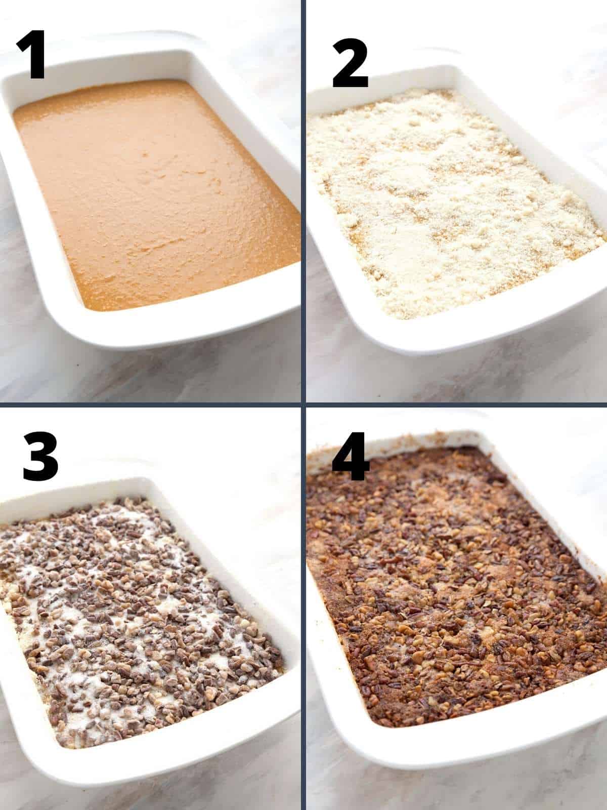 A collage of four images showing how to make Keto Pumpkin Crunch Cake.
