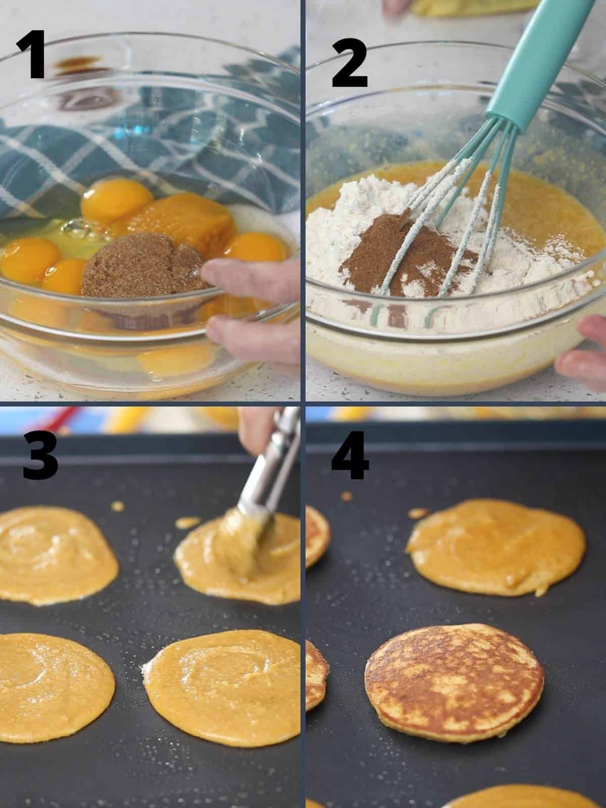 A collage of 4 images showing the steps for making Keto Pumpkin Pancakes.