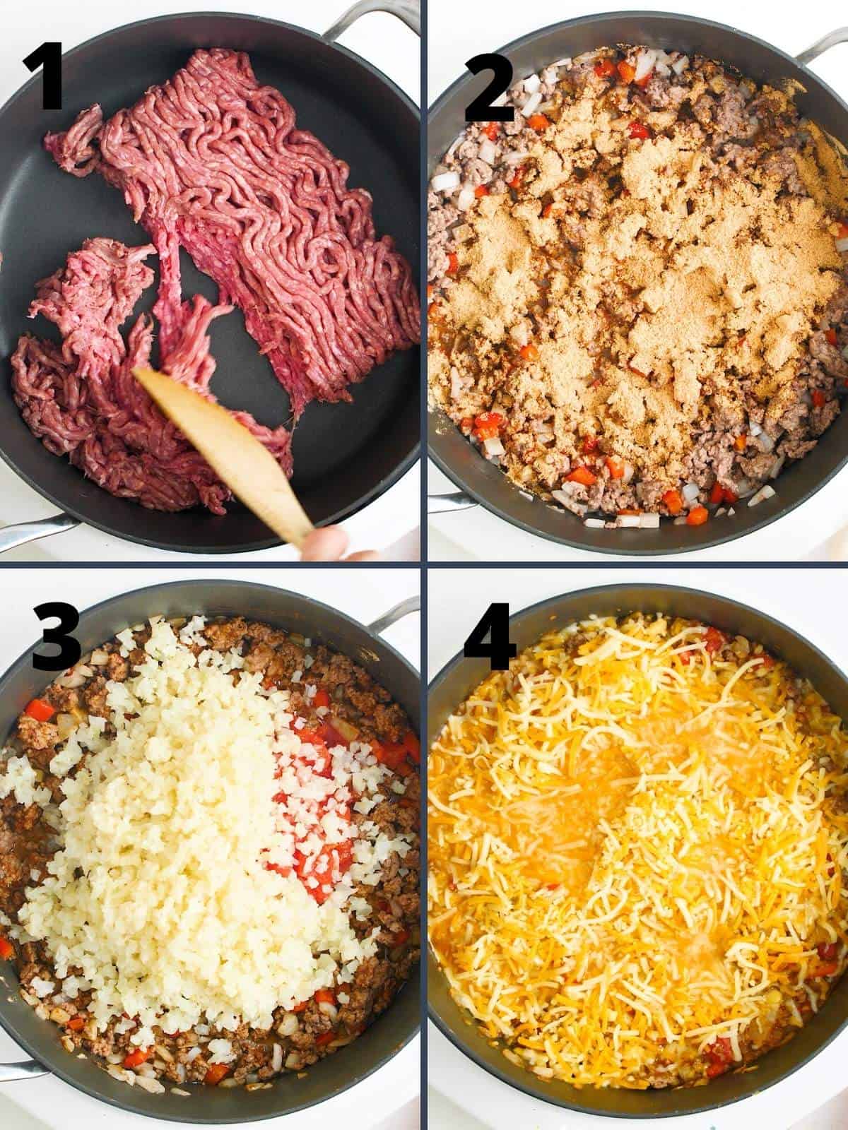 A collage of four images showing the steps for making Keto Mexican Cauliflower Rice.