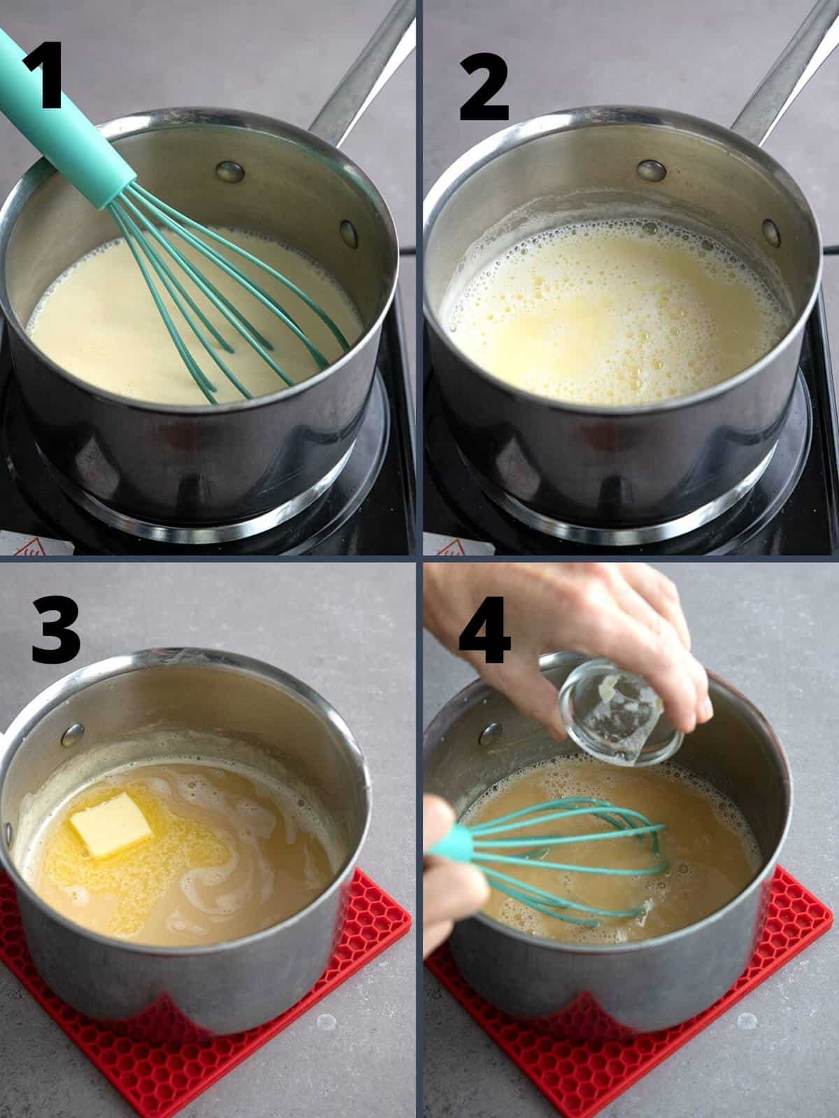 A collage of four images showing how to make Sugar Free Condensed Milk.