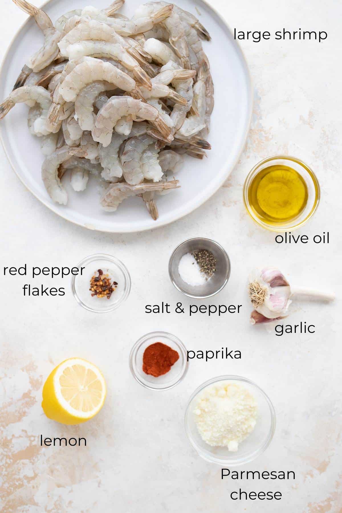 Top down image of the ingredients for Easy Baked Shrimp.