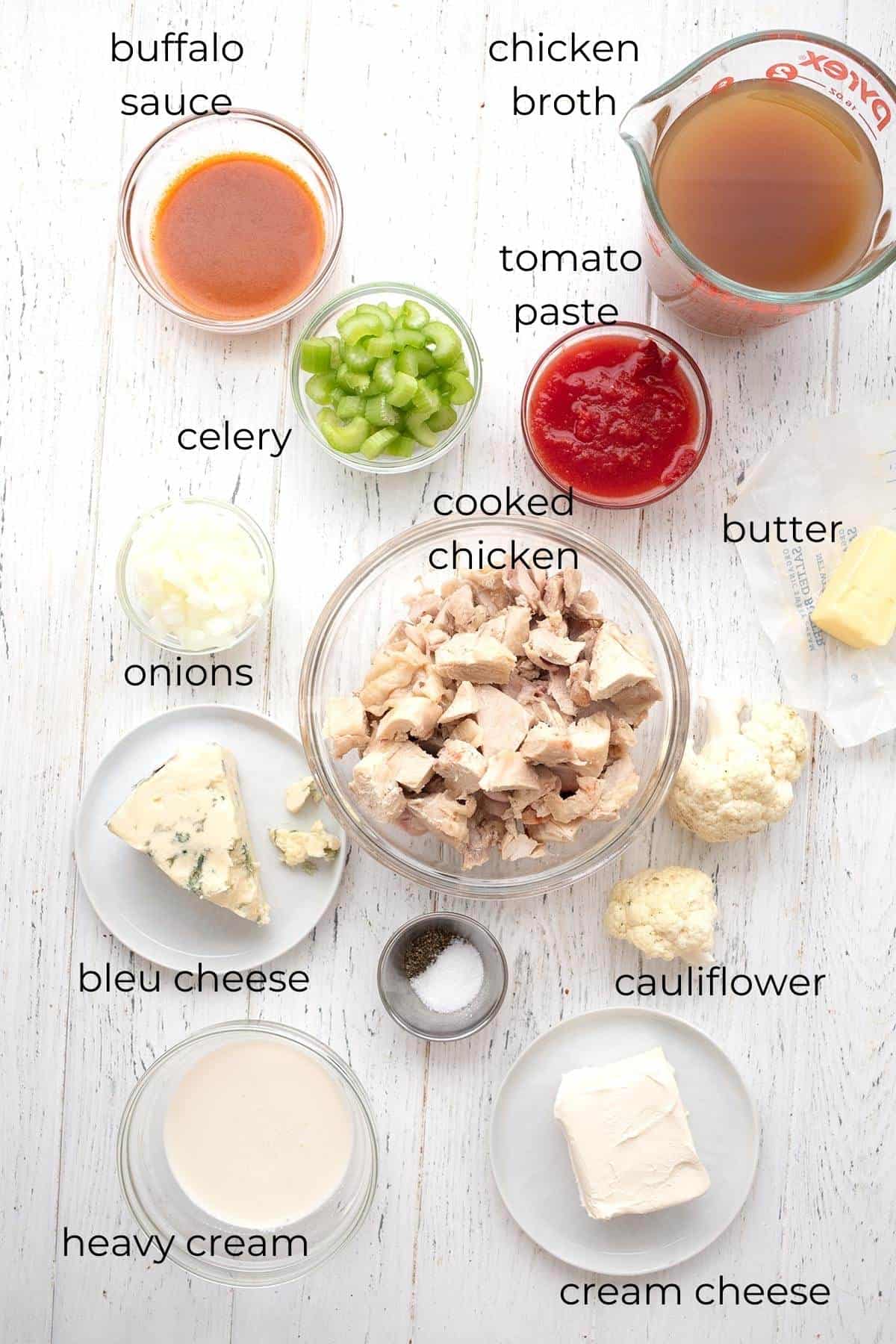Top down image of the ingredients required for Buffalo Chicken Soup.