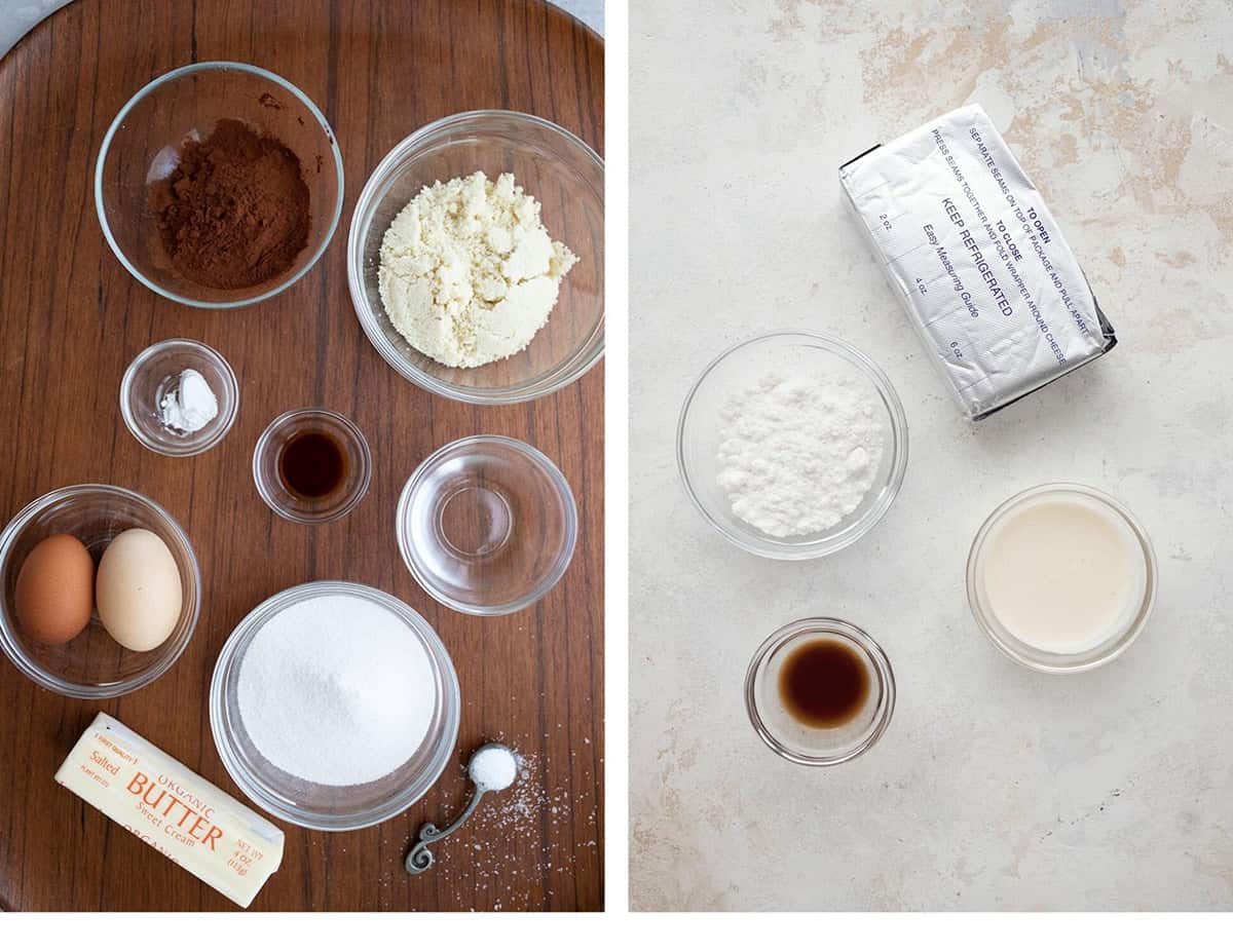 A collage of two images showing the ingredients needed for keto brownie cheesecake.