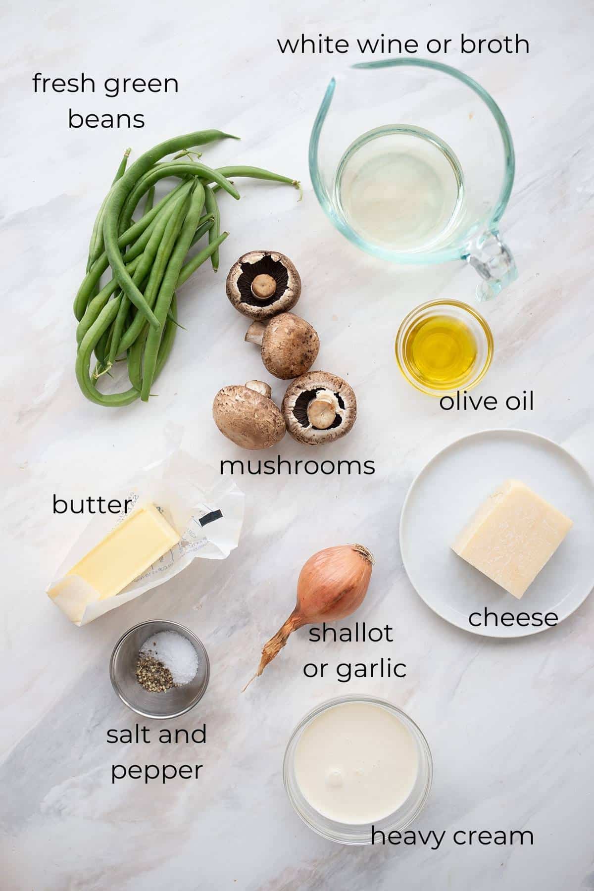 Top down image of the ingredients for Keto Green Bean Casserole.