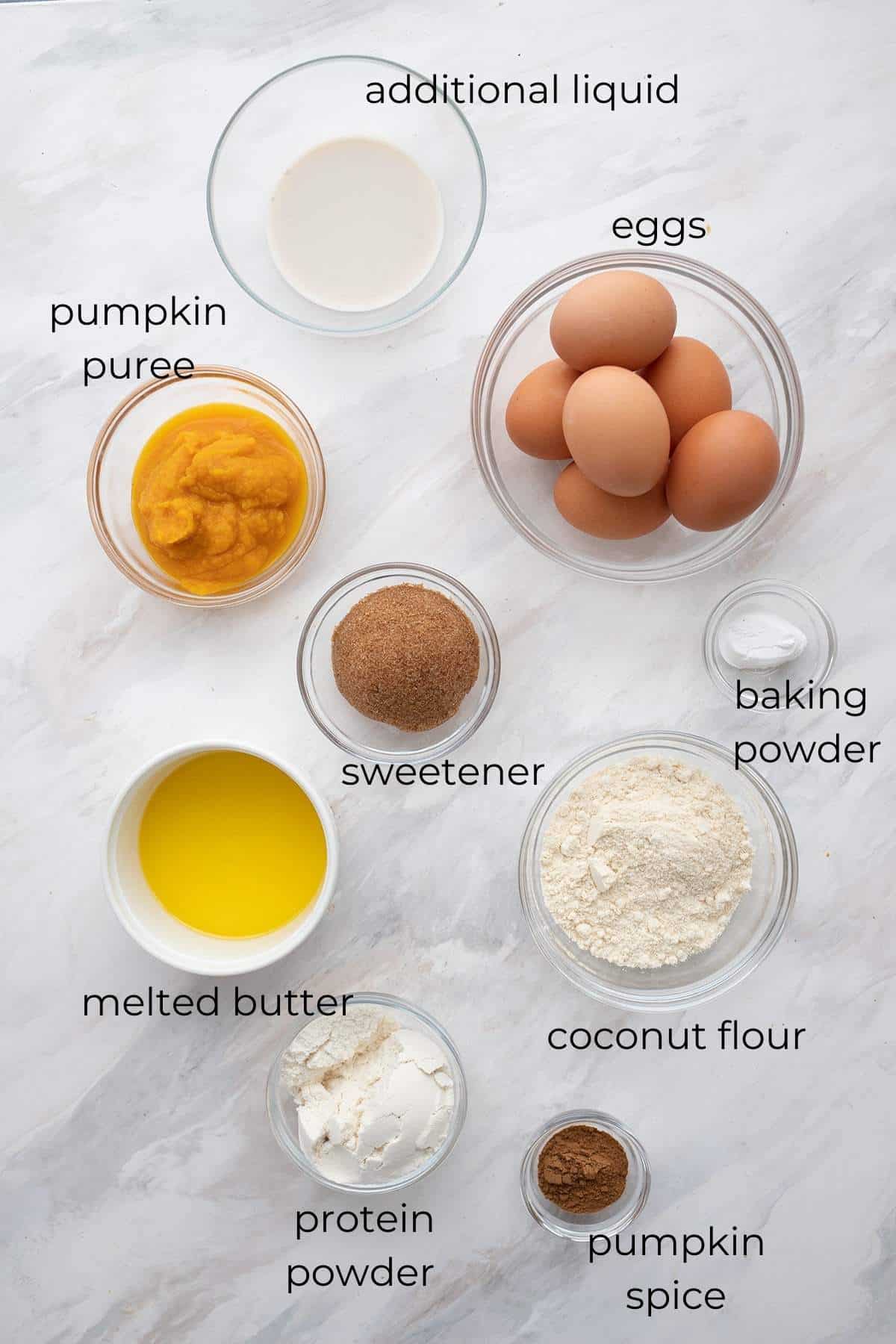 Top down image of the ingredients for Keto Pumpkin Pancakes.