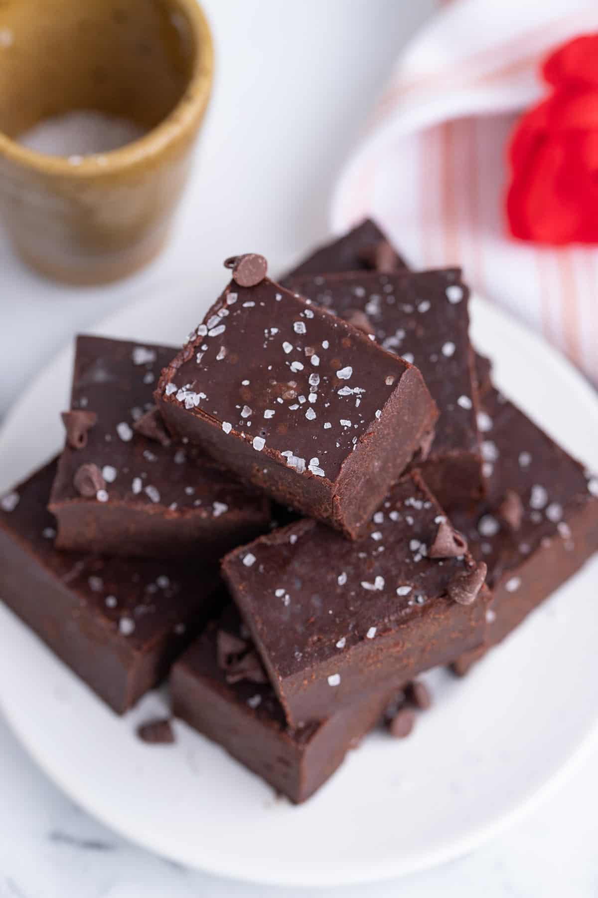 Top down image of a plate piled high with sugar-free chocolate fudge.
