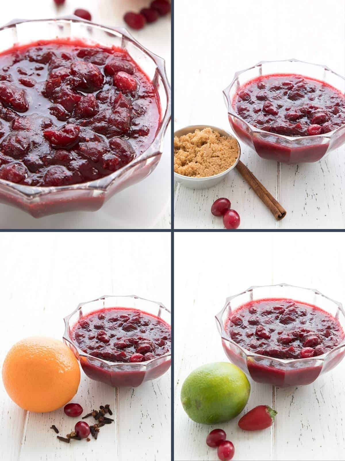 A collage of four images showing different flavor variations for sugar free cranberry sauce.